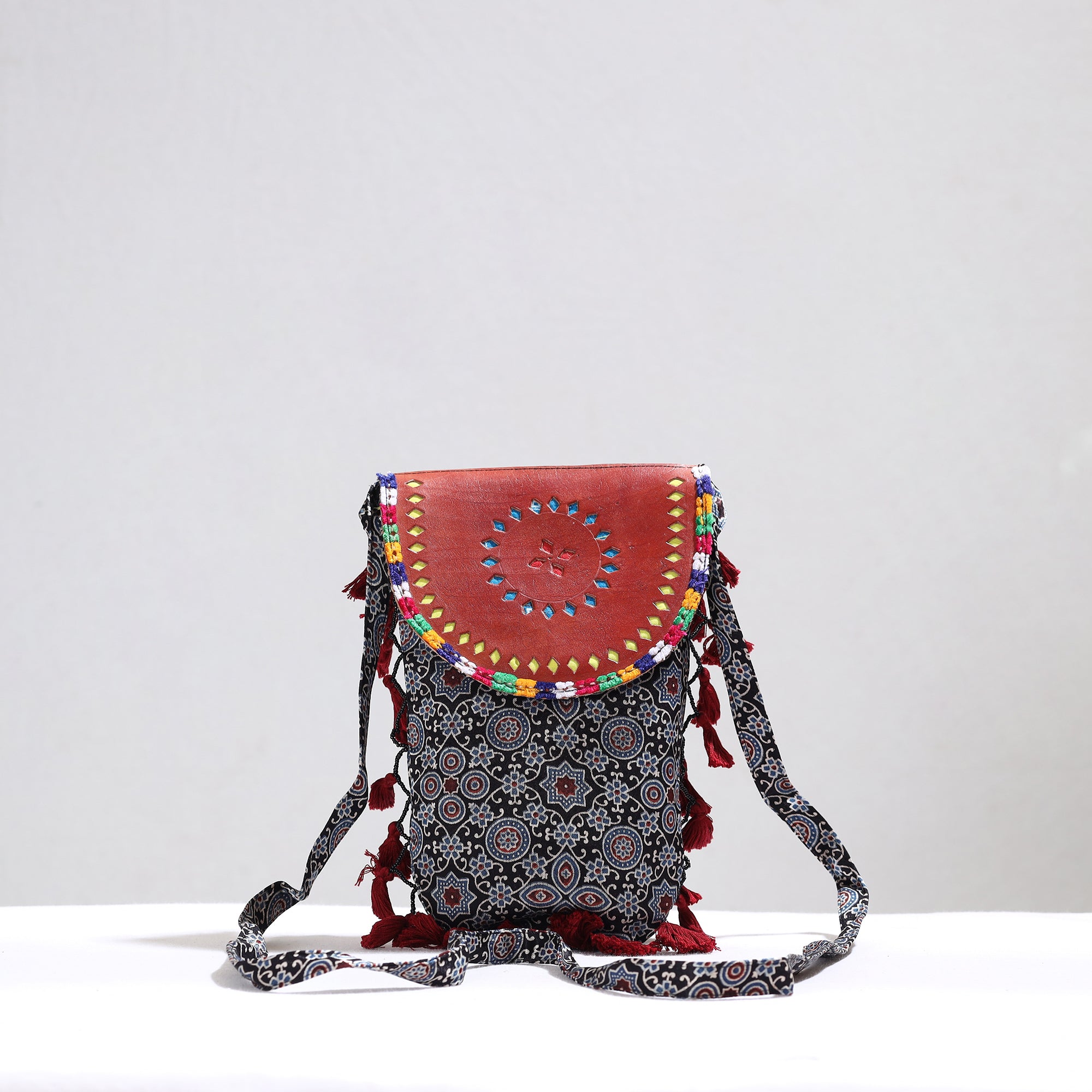 KACHCHH JI CHHAAP Black - Kutch Leather & Mashru Silk Sling Bag with Tassels 29 - view 2