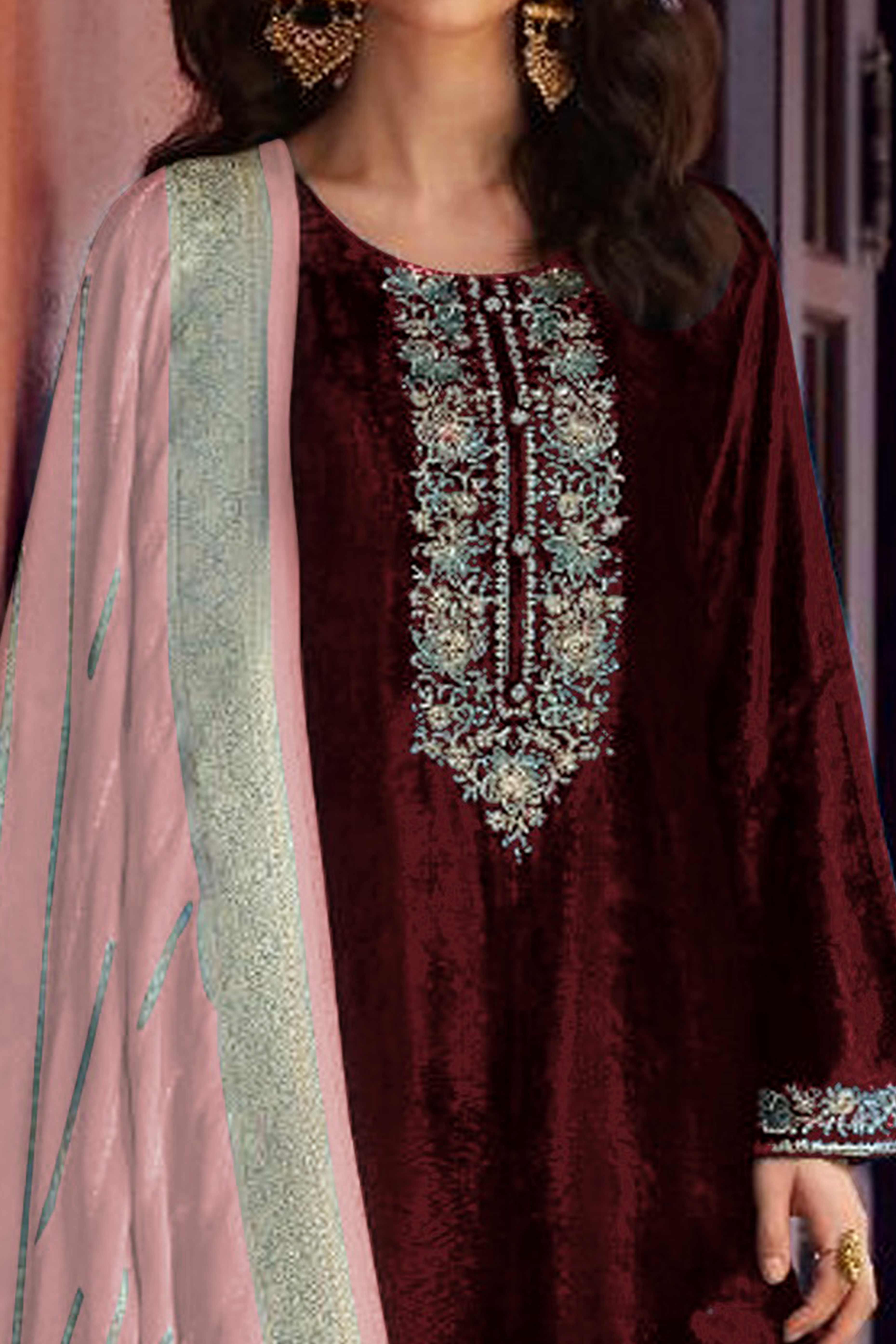 Peachmode Brown Embroidered Velvet Semi-Stitched Salwar Suit - view 2