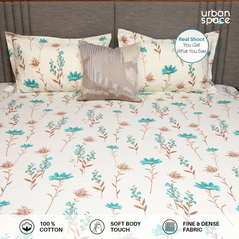 Urban Space -Home Furnishing Store Fitted King Size Cotton Bedsheet - Orchid Blooms - Turquoise - view 2