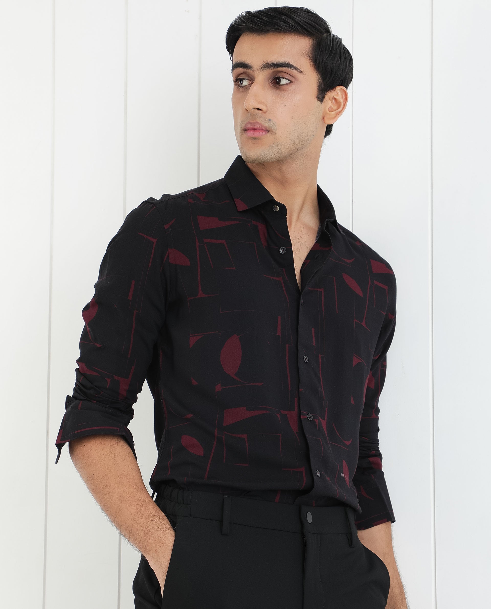 Rare Rabbit Men's Arjay Red Viscose Fabric Abstract Print Full Sleeves Shirt - view 9