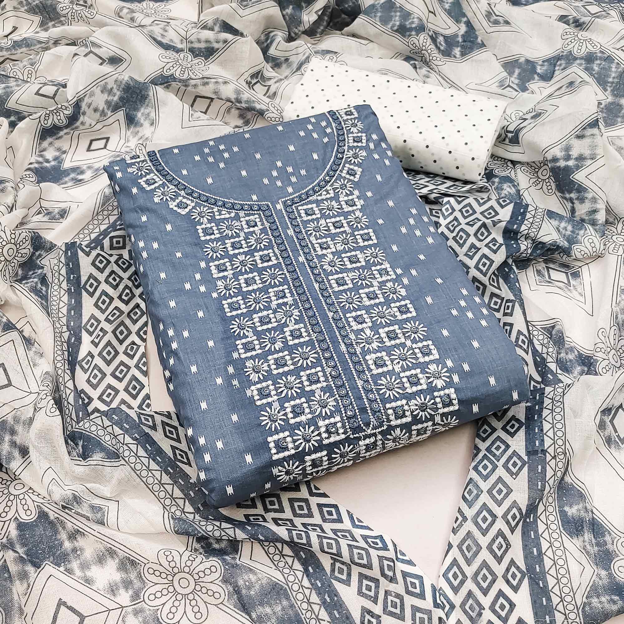 Peachmode Grey Printed With Embroidered Pure Cotton Dress Material