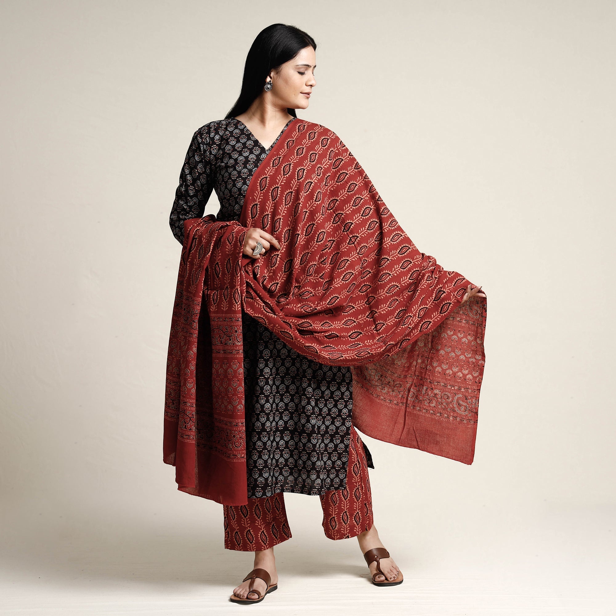 ITOKRI CASUALS Black - Ajrakh Block Printed Cotton Kurta with Palazzo & Dupatta Set - view 2