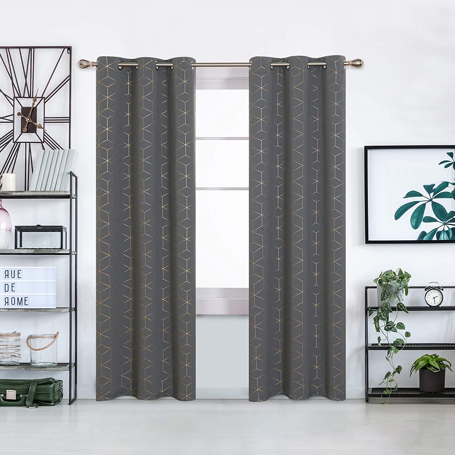 Urban Space -Home Furnishing Store Gold Foil Printed 80-85% Blackout Curtains - Pack of 1 Curtain - Hexagon - Grey
