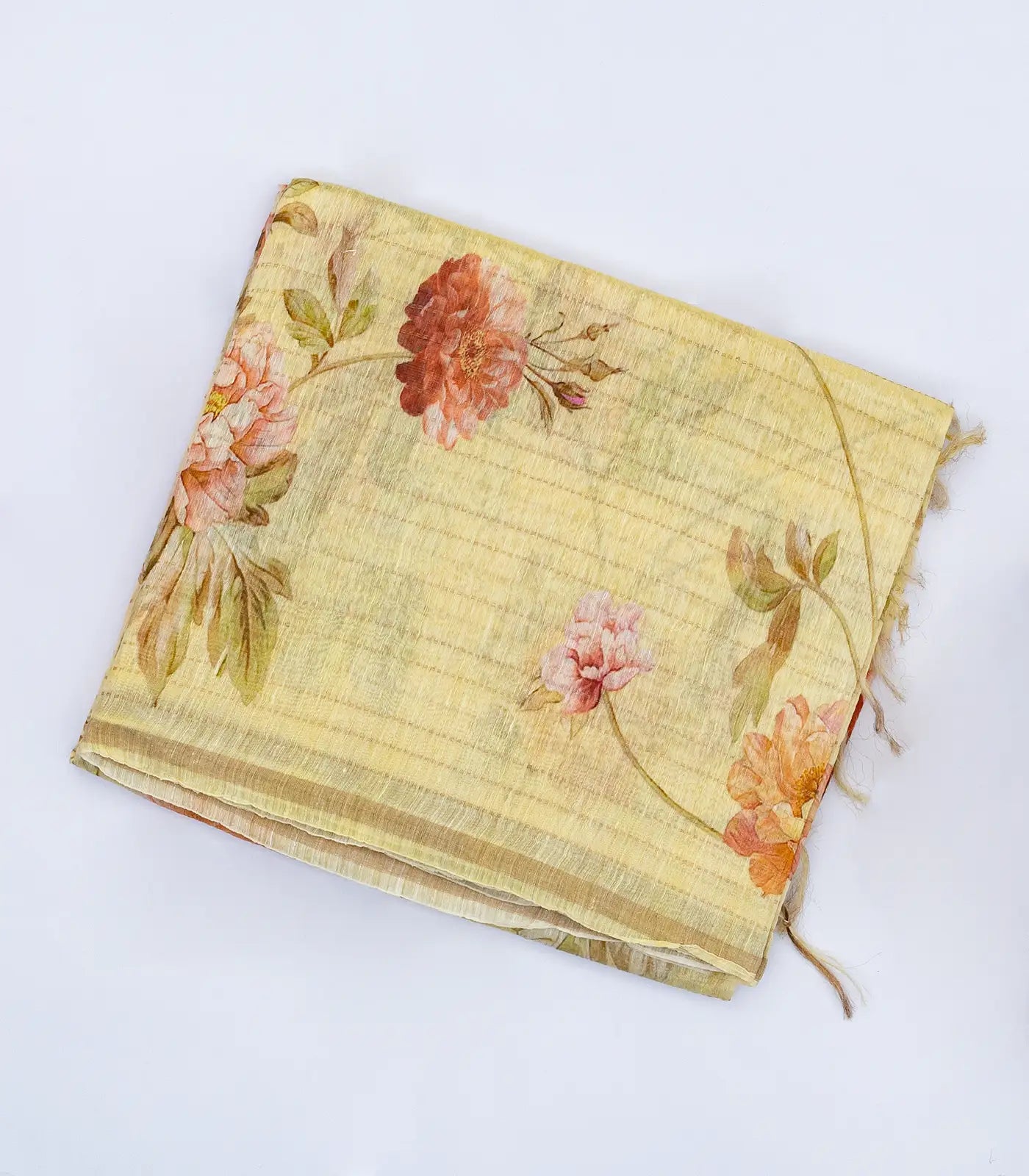 RmKV Yellow Handloom Linen Saree With Printed Floral Motifs & Stripes