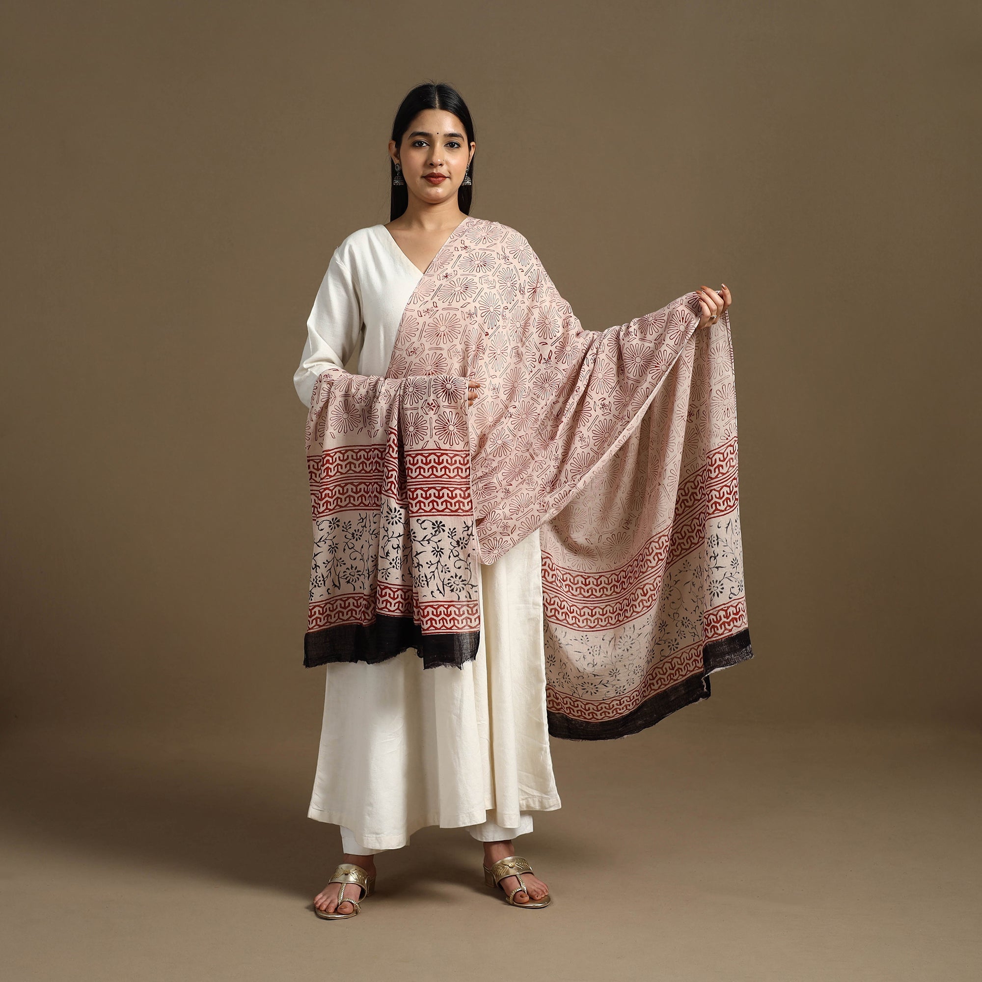 ARTISAN HAND BLOCK PRINTS Beige - Block Print Mul Cotton Bagru Dupatta 10