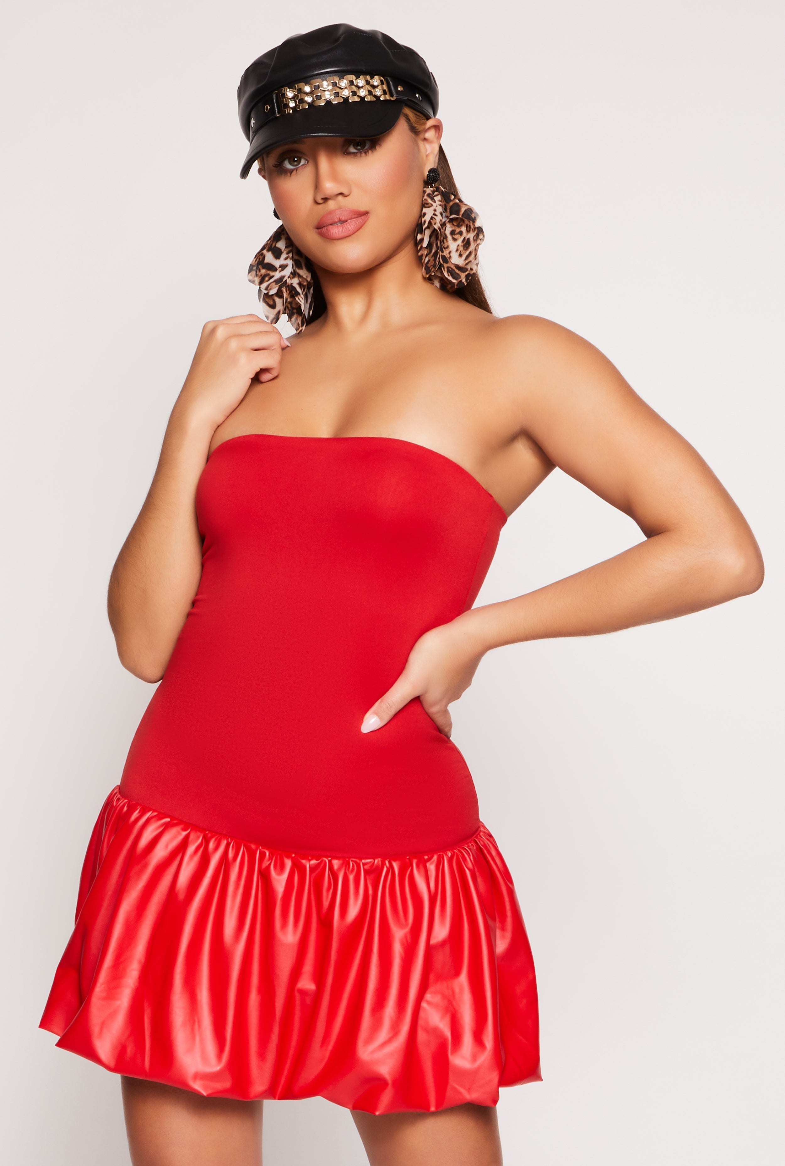 Rainbow Shops Faux Leather Bubble Hem Tube Dress