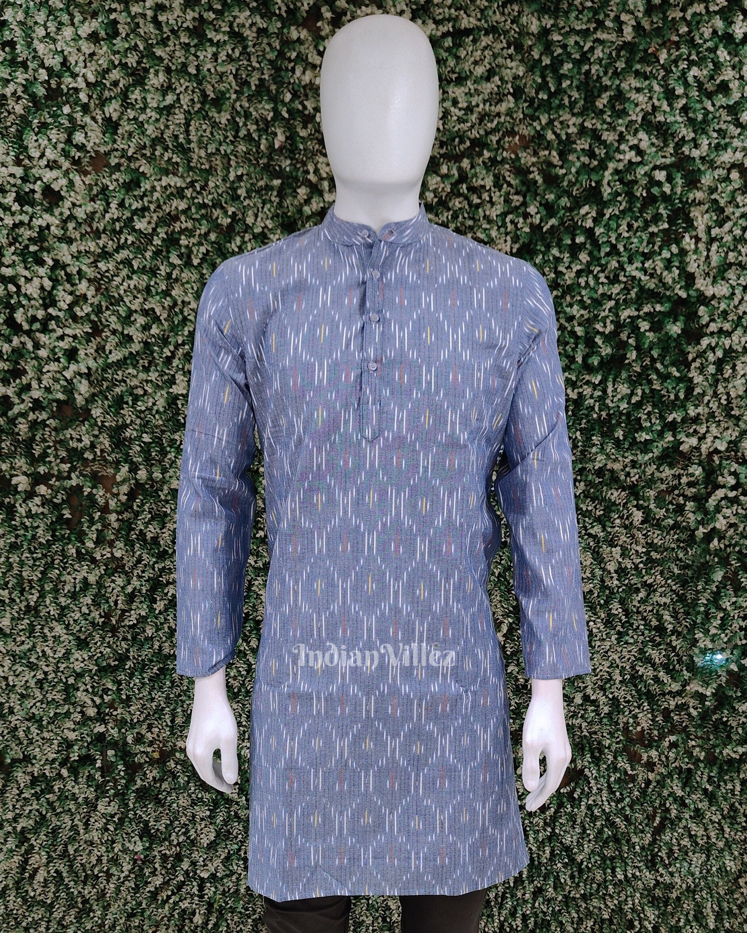 IndianVillèz Surf Blue Handwoven Pochampally Ikat Cotton Kurta for Men