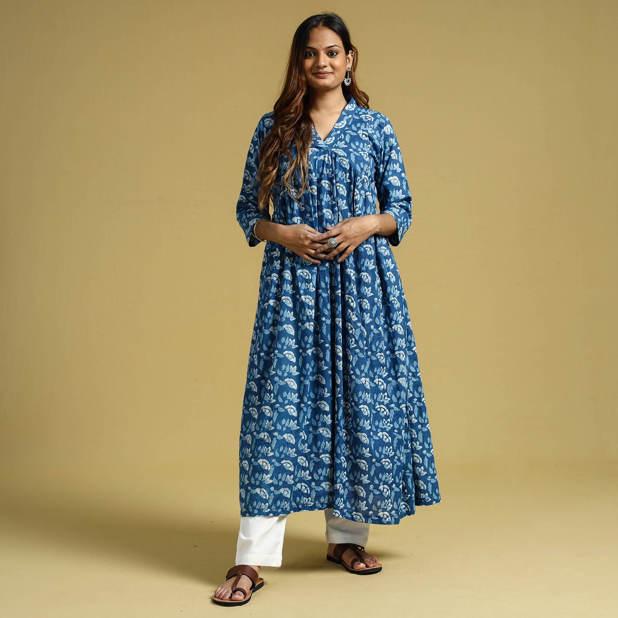 ITOKRI CASUALS Blue - Dabu Block Printed Cotton Flared Gher Dress