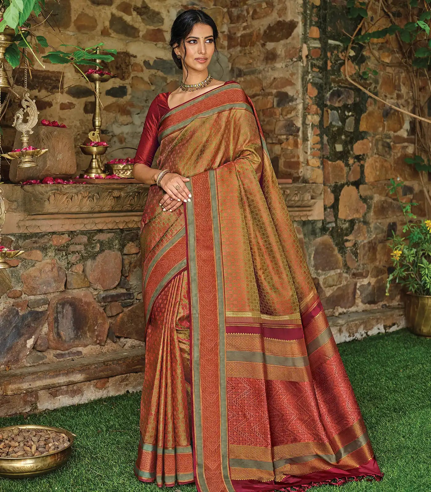 RmKV Dark Olive & Peach Handloom Kanchipuram Natural Dyed Silk Saree
