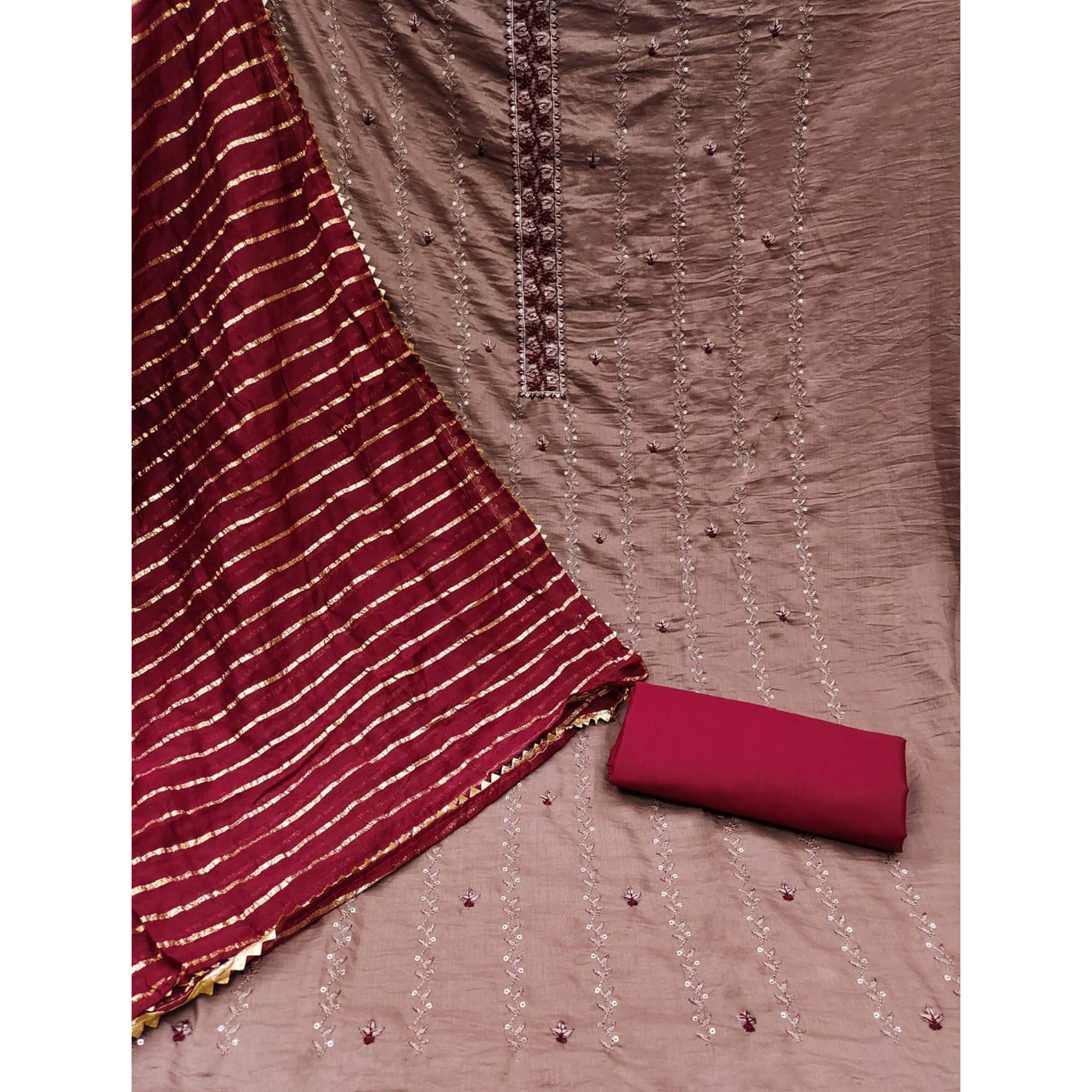 Peachmode Brown Embroidered Sequins Cotton Blend Dress Material - view 3