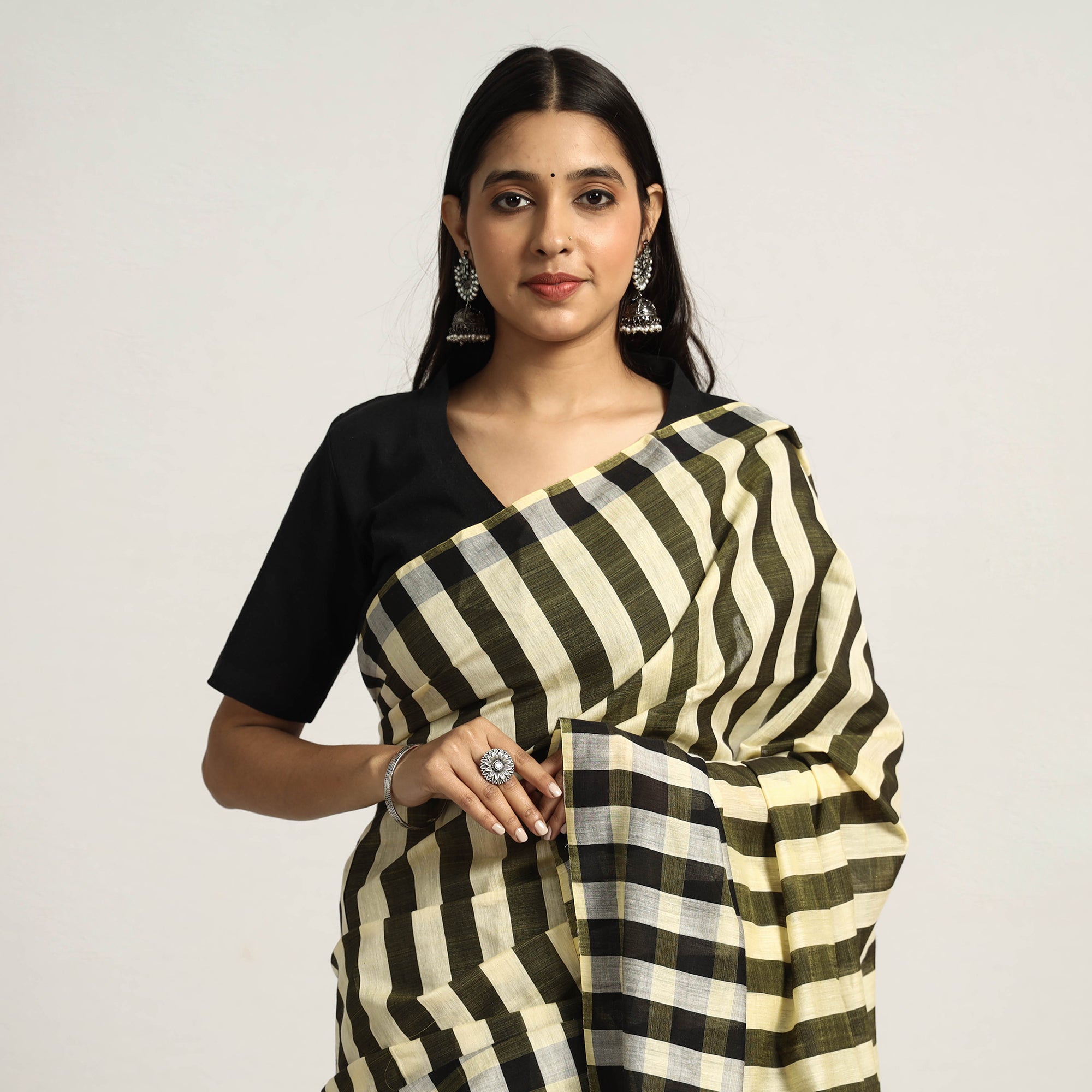 BUN.KAR BIHAR BY SRIJANI FOUNDATION Brown - Black & Light Yellow Mulberry Silk Saree with Plain Olive Green Body - view 2