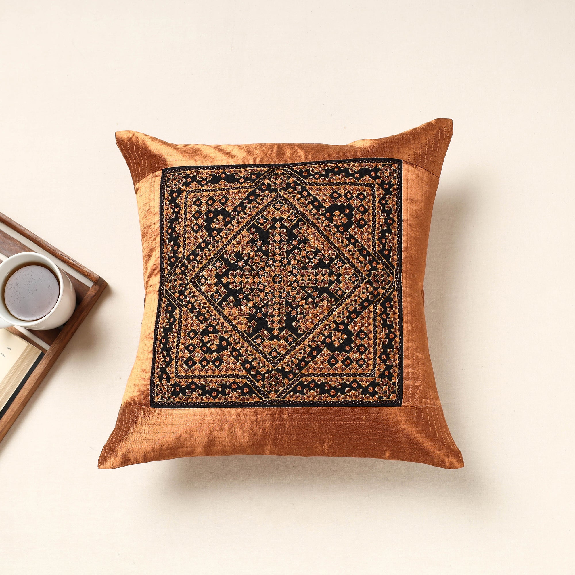QASAB Brown - Kutch Neran Hand Embroidery Mashru Silk Cushion Cover (16 x 16 in)