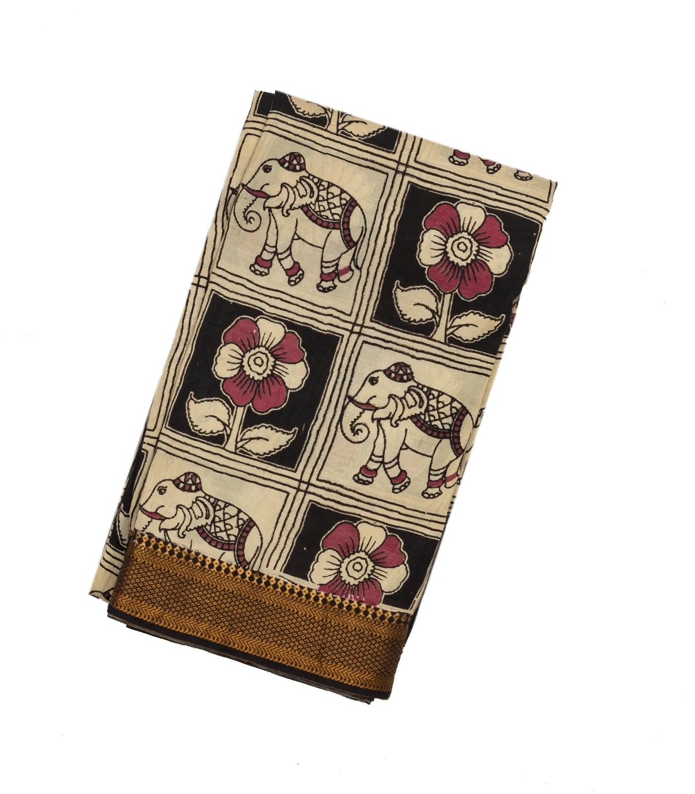 RmKV Taupe Handloom Kalamkari Cotton Saree With Printed Elephant Motifs