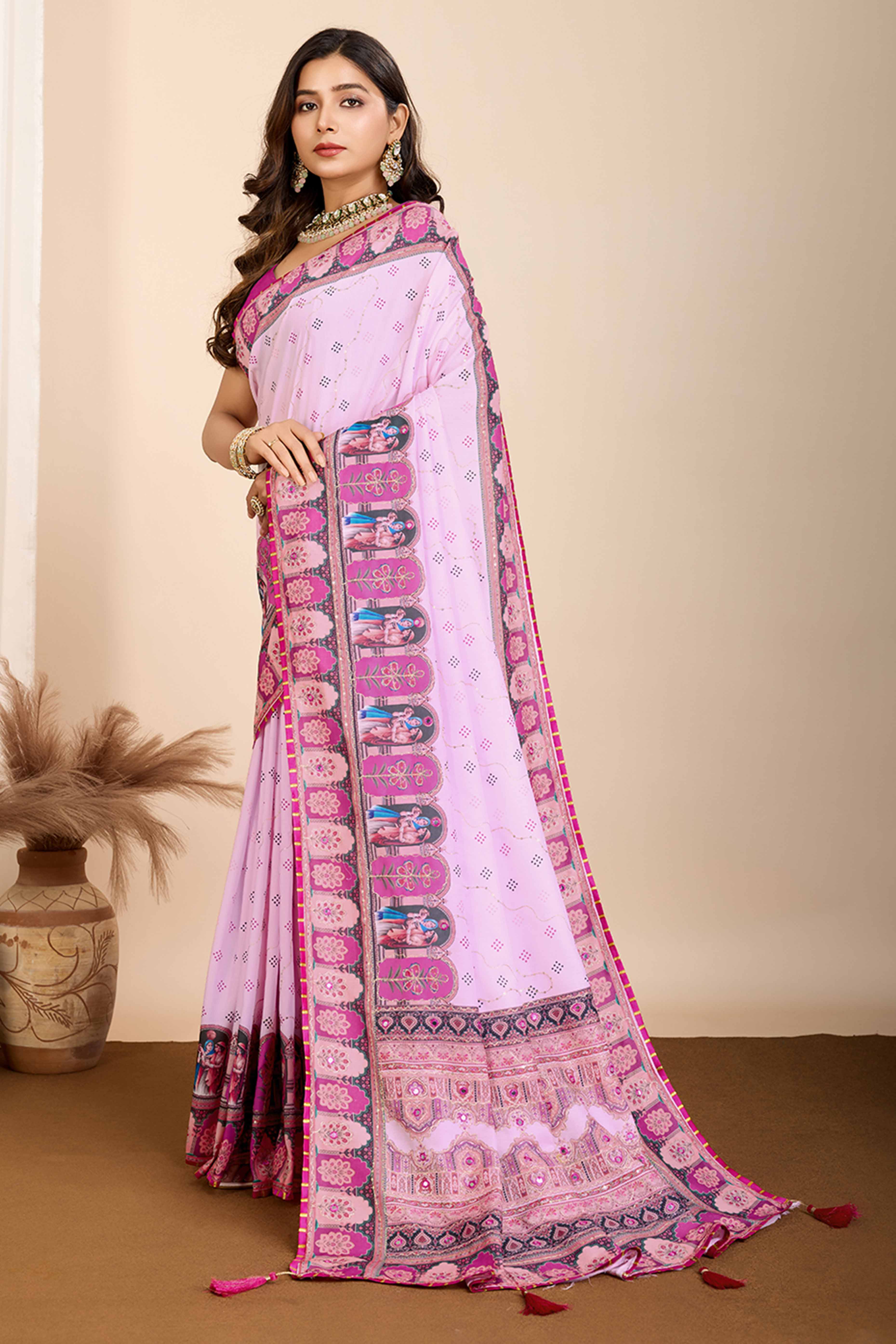 Peachmode Light Purple Digital Print with Embroidery Work Muslin Saree - view 4