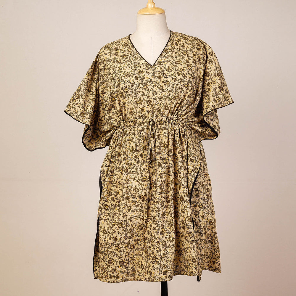 CHUTNEY CRAFT STUDIO Beige - Block Print Cotton Kalamkari Kaftan with Tie-Up Waist (Medium)