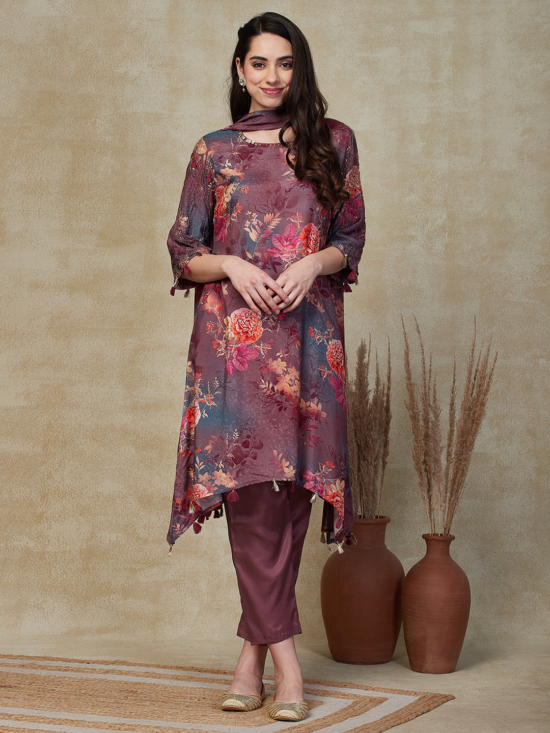 Fashor Abstract Floral Printed & Embroidered A-Line Kurta with Pant & Dupatta - Lavender