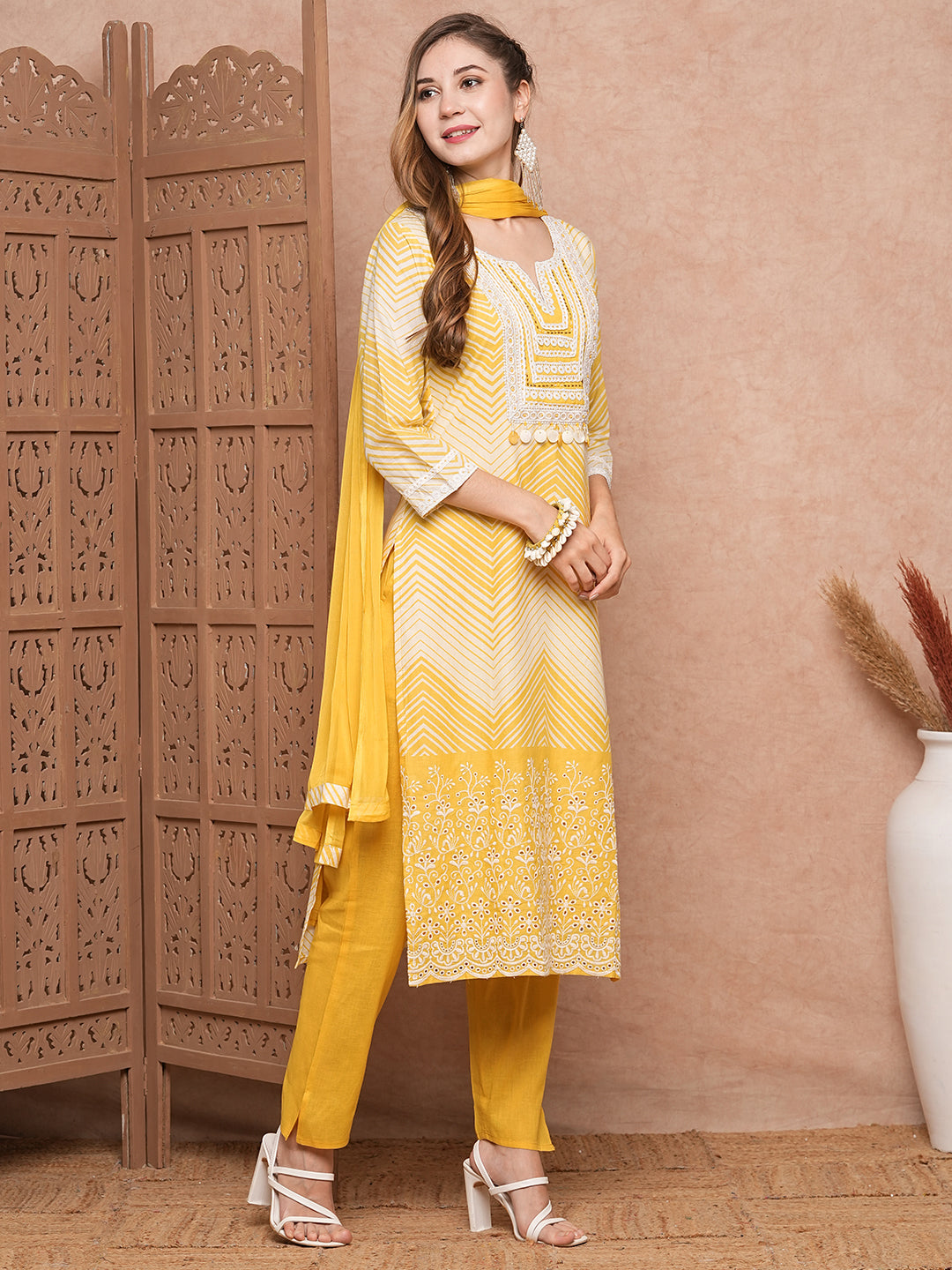 Fashor Chevron Printed Mother-of-Pearl Embellished Schiffili Kurta with Pants & Dupatta - Yellow - view 5