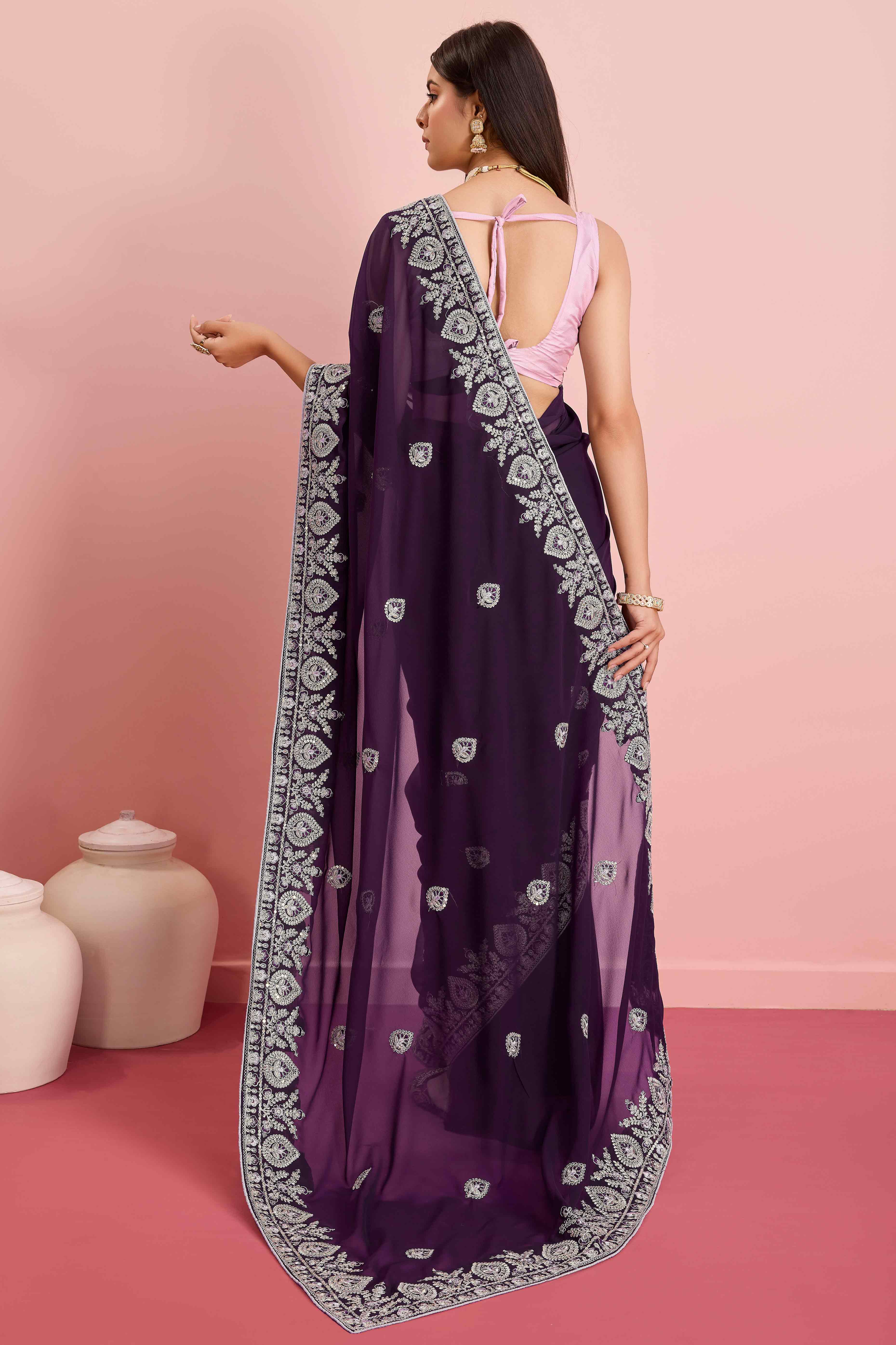 Peachmode Dark Purple Floral Sequins Embroidered Georgette Saree - view 5