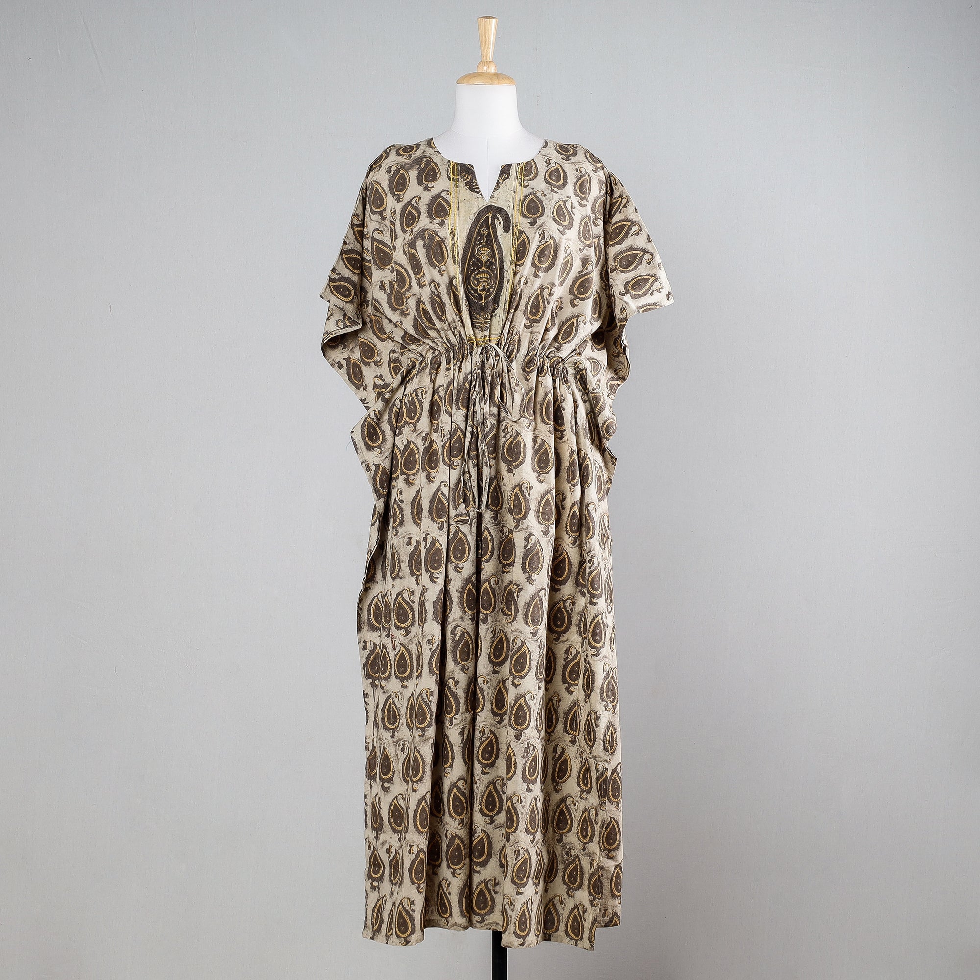 THE SAFFRON SAGA Beige - Block Print Cotton Ajrakh Kaftan with Tie-Up Waist (Long)