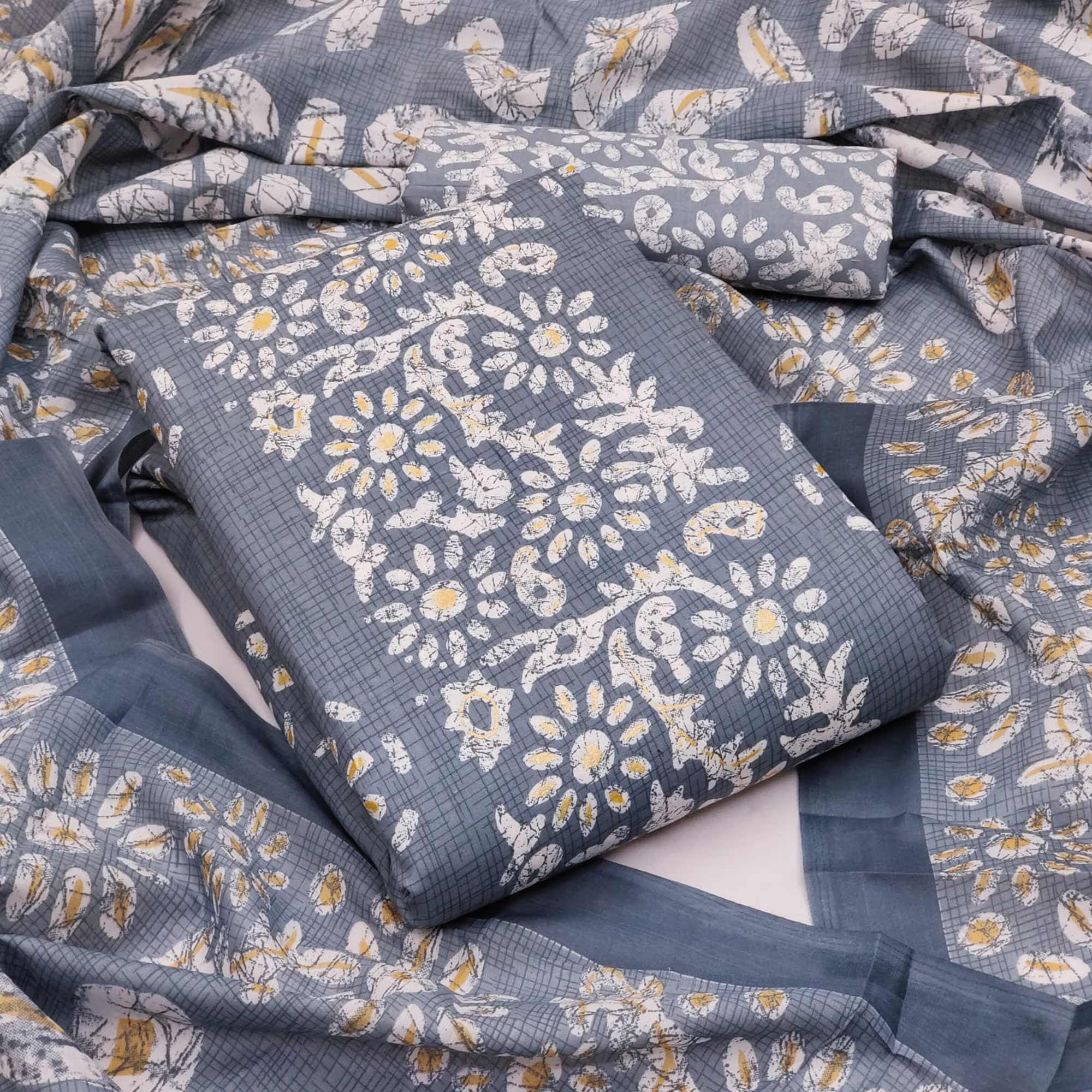 Peachmode Grey Printed Cotton Blend Dress Material