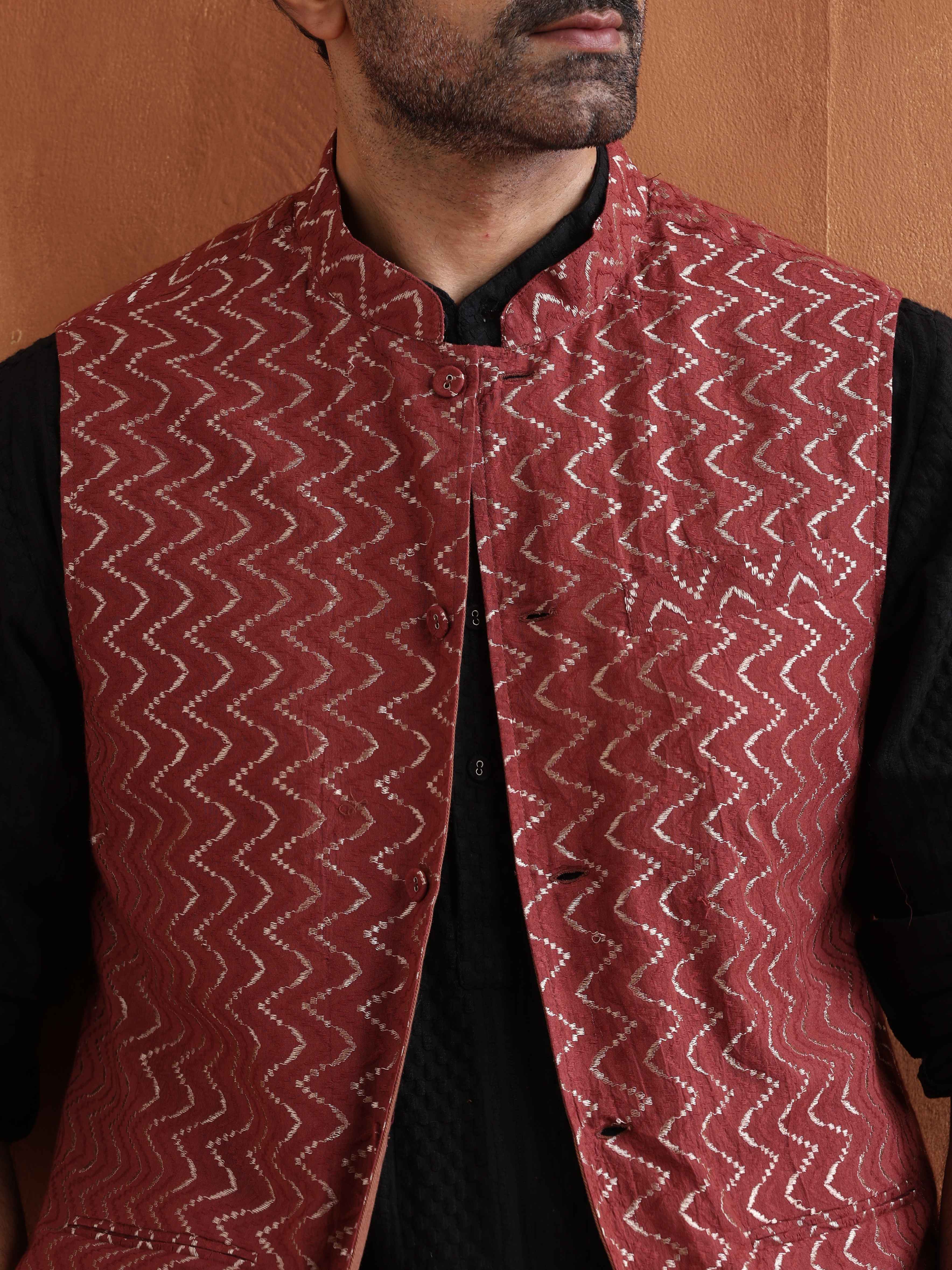 trueBrowns Men's Rust Cotton Dobby Nehru Jacket - view 4