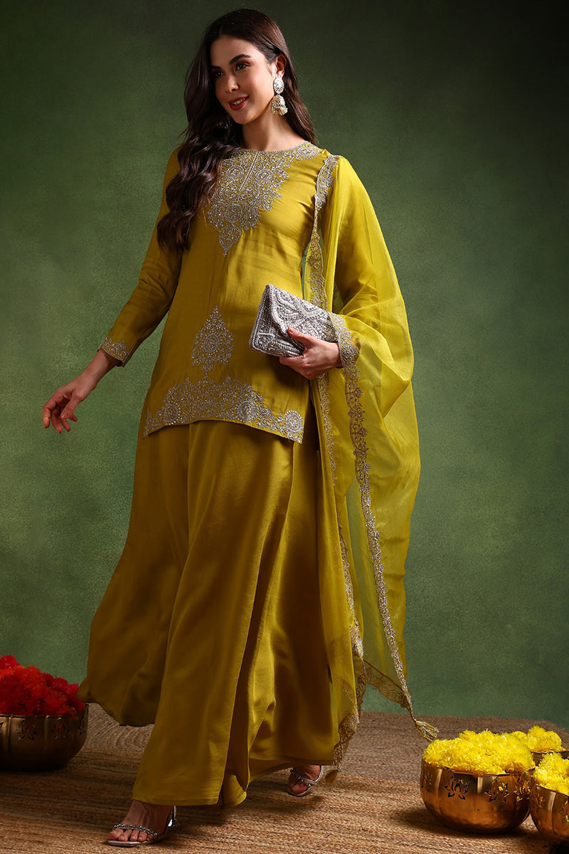 Ahika Lime Green Silk Blend Embroidered Straight Palazzo Suit Set PKSKD2609 - view 4