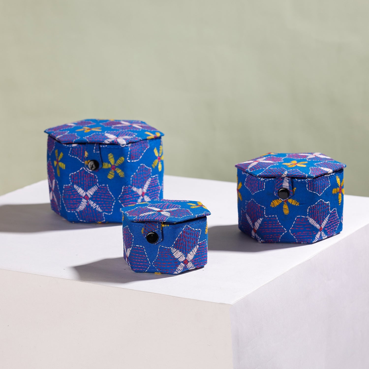 Jewelry box set – ASALKAAR Blue - Bengal Kantha Work Handcrafted Hexagon Jewelry Box (Set of 3)
