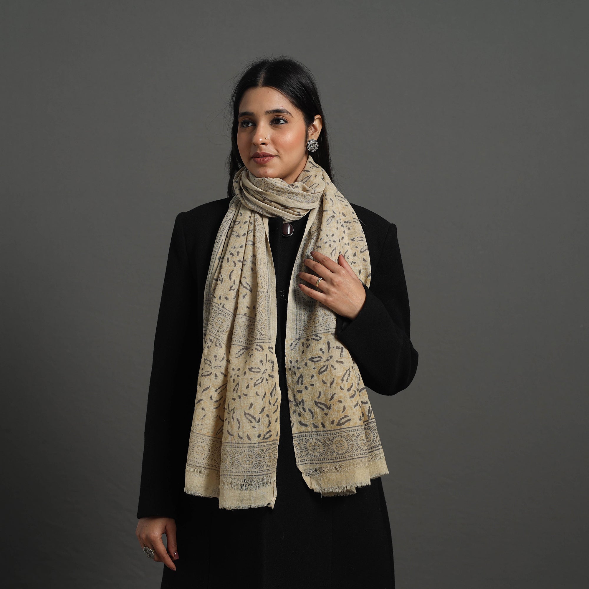 PITCHUKA SRINIVAS KALAMKARI PEDANA Beige - Block Print Pedana Kalamkari Wool Stole 32