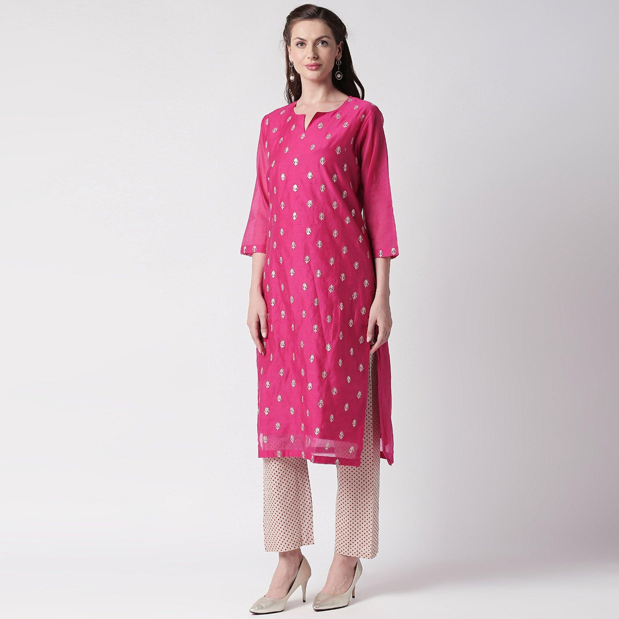 Peachmode Energetic Pink Colored Partywear Embroidered Silk Kurti - Bottom Set