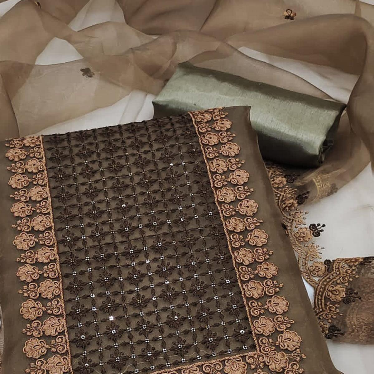 Peachmode Brown Embroidered Organza Dress Material - view 2
