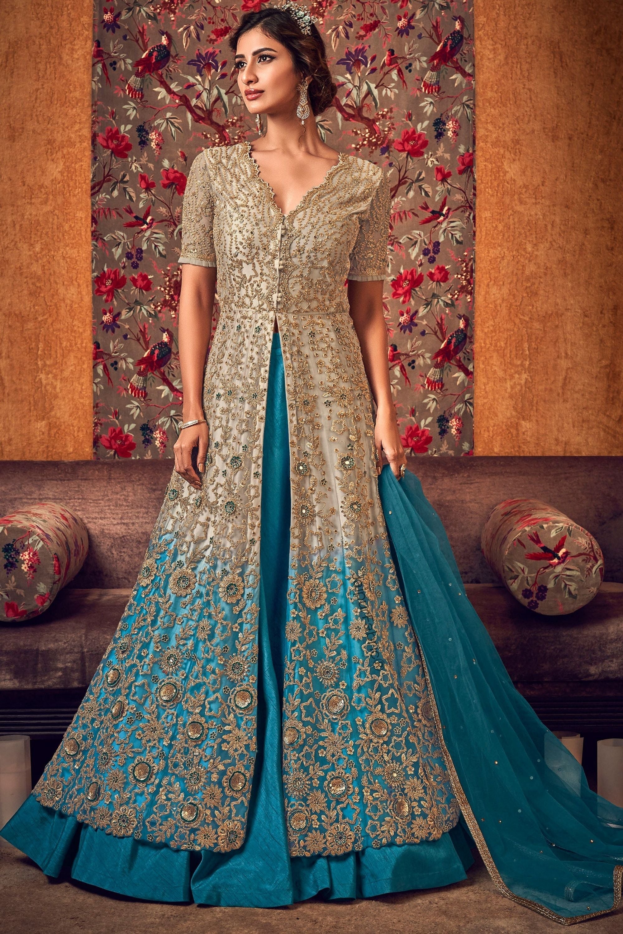 JaipurFabric® Off-White And Blue Heavy Embroidered Lehenga/ Pant Style Embroidered Lehenga Style Anarkali Suit - view 2