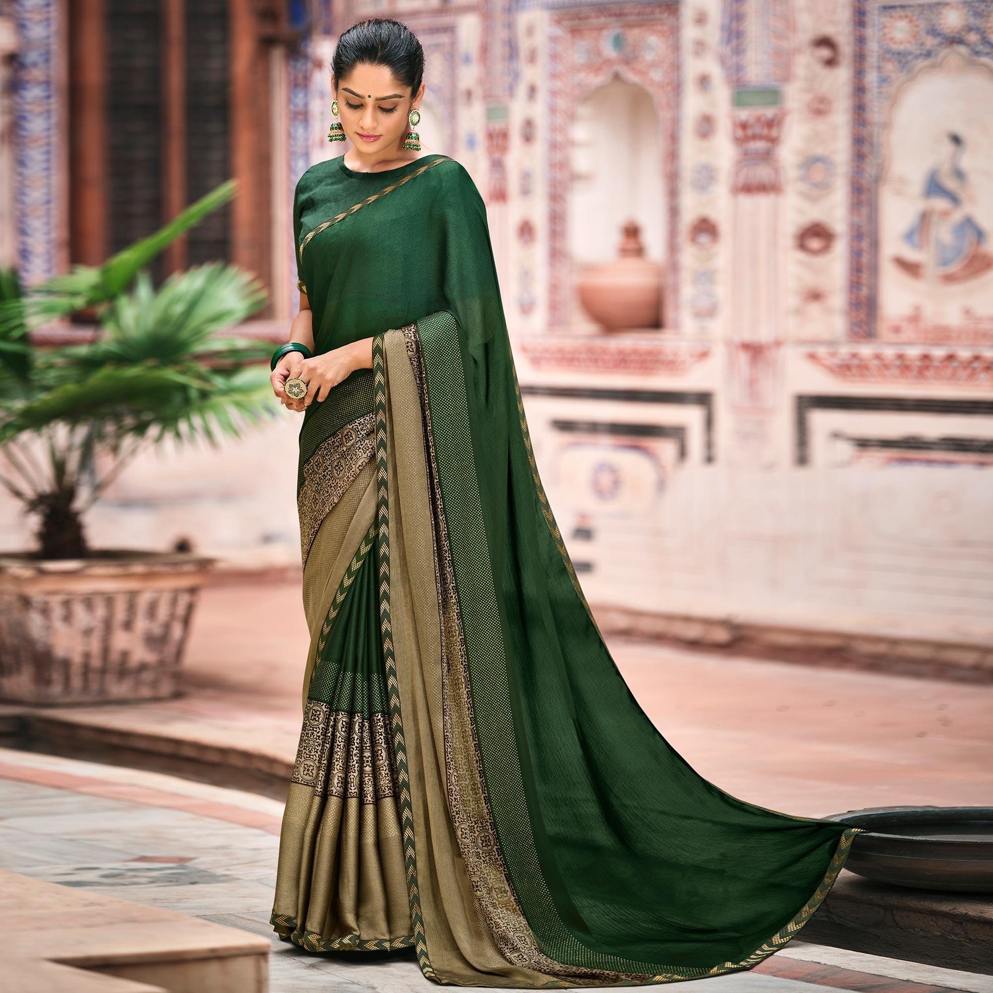 Green sarees – BlackTree green-casual-wear-printed-moss-saree-with-fancy-zari-border-128173