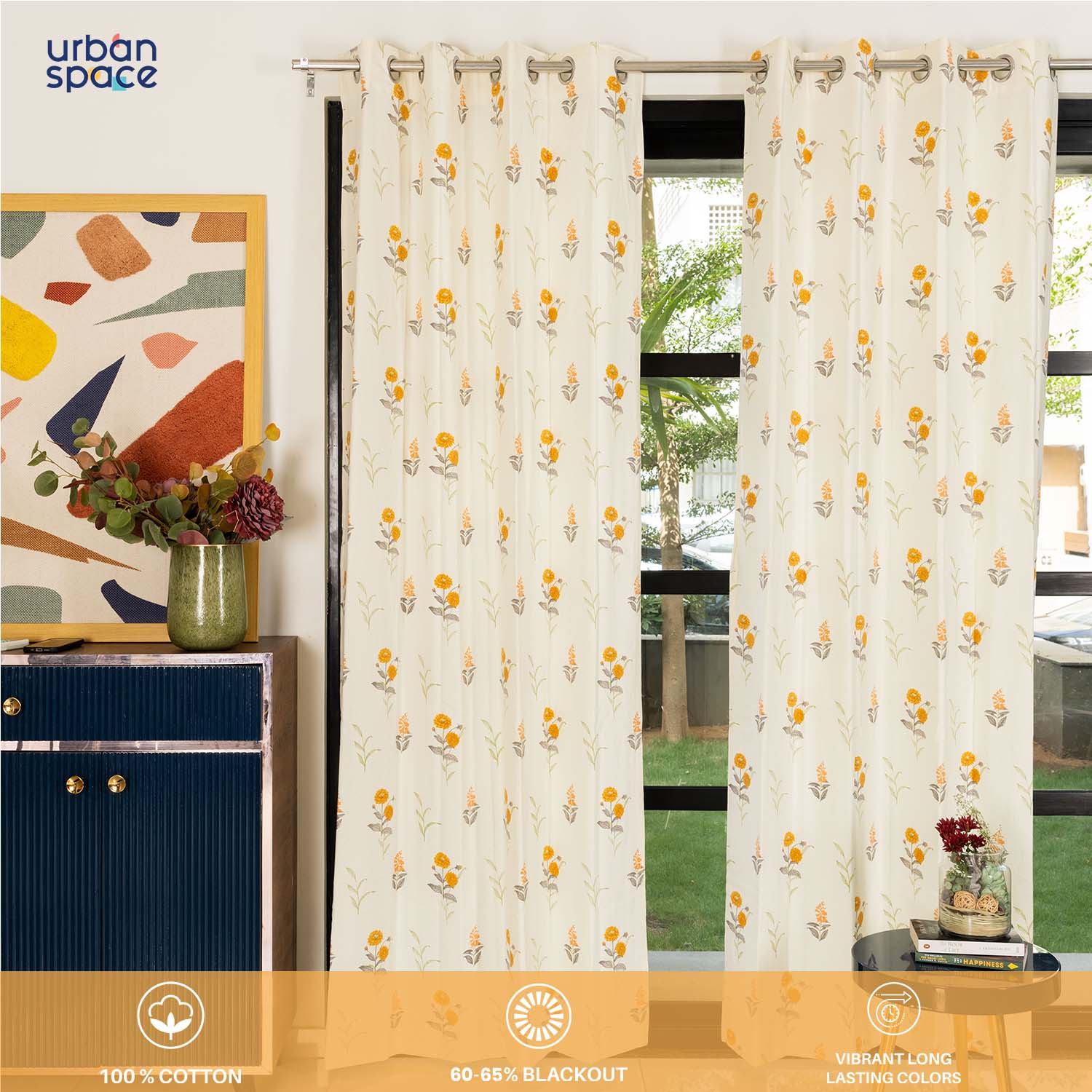 100 cotton curtains – Urban Space -Home Furnishing Store 100% Cotton Curtains for Living Room, Bedroom curtains - Pack of 2 curtains, Cotton Coneflower - Yellow