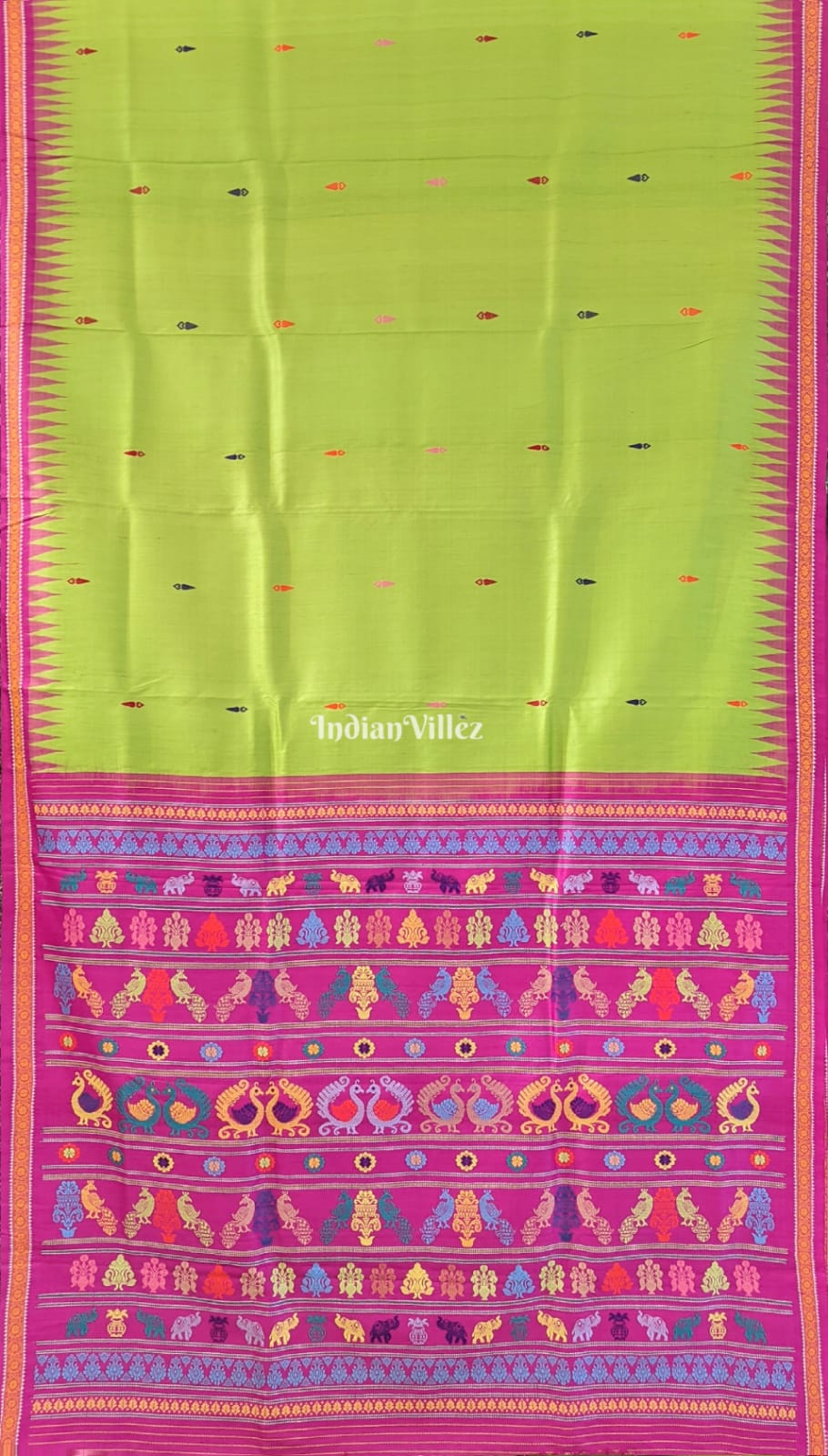 IndianVillèz Parrot Green Pink Gopalpur Tussar Silk Saree