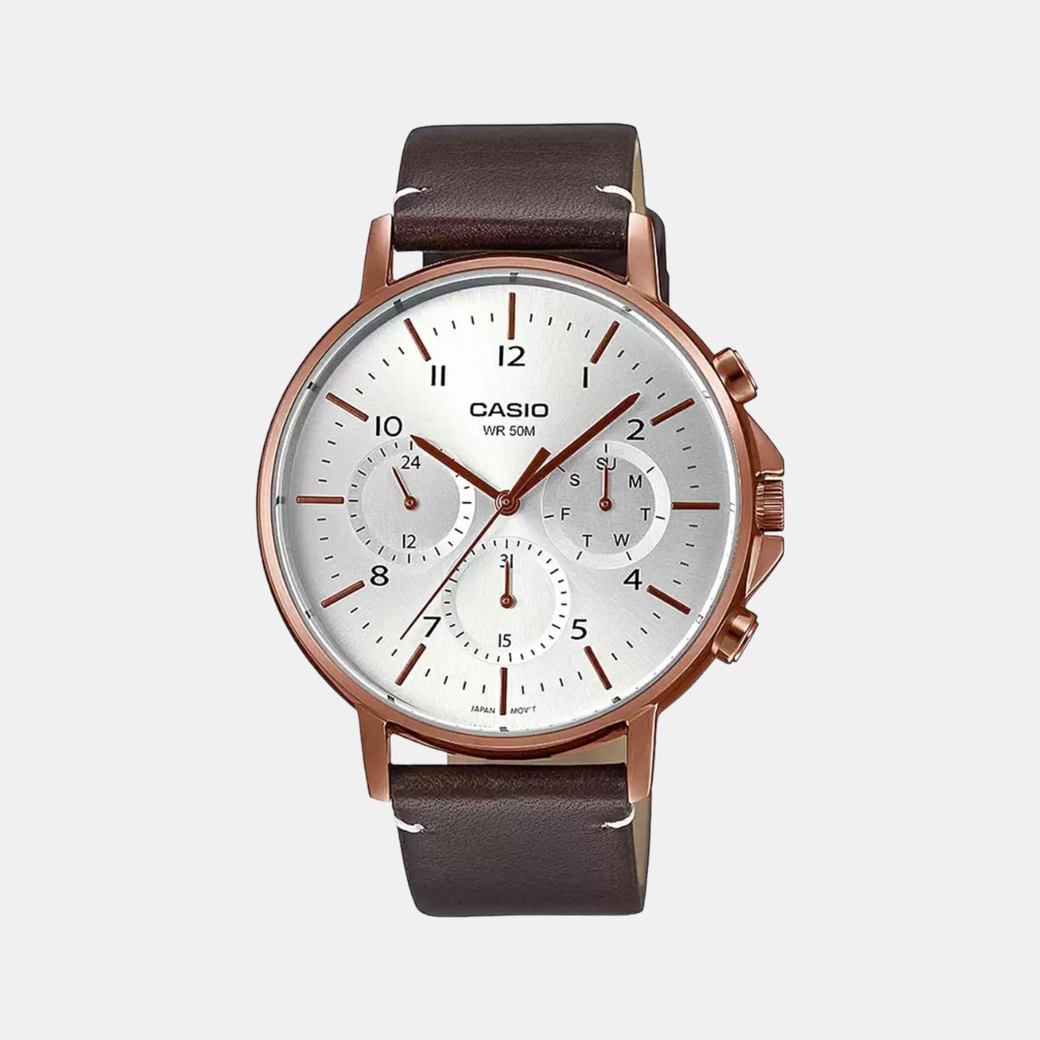 Casio Enticer Men Quartz White Dial Chronograph Leather Watch A1850