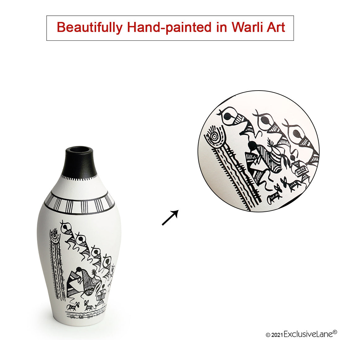 EXCLUSIVELANE 'The Warli Tales' Handpainted Terracotta Vases (Set of 3, White) - view 8