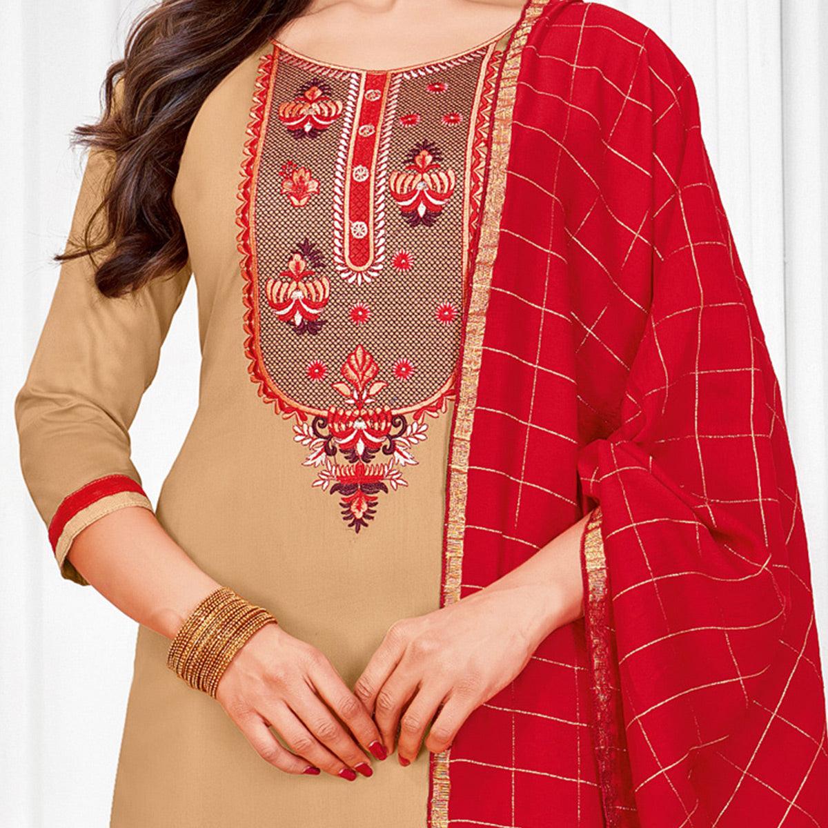 Peachmode Majesty BurlyWood Colored Partywear Designer Embroidery Cotton Salwar Suit - view 2