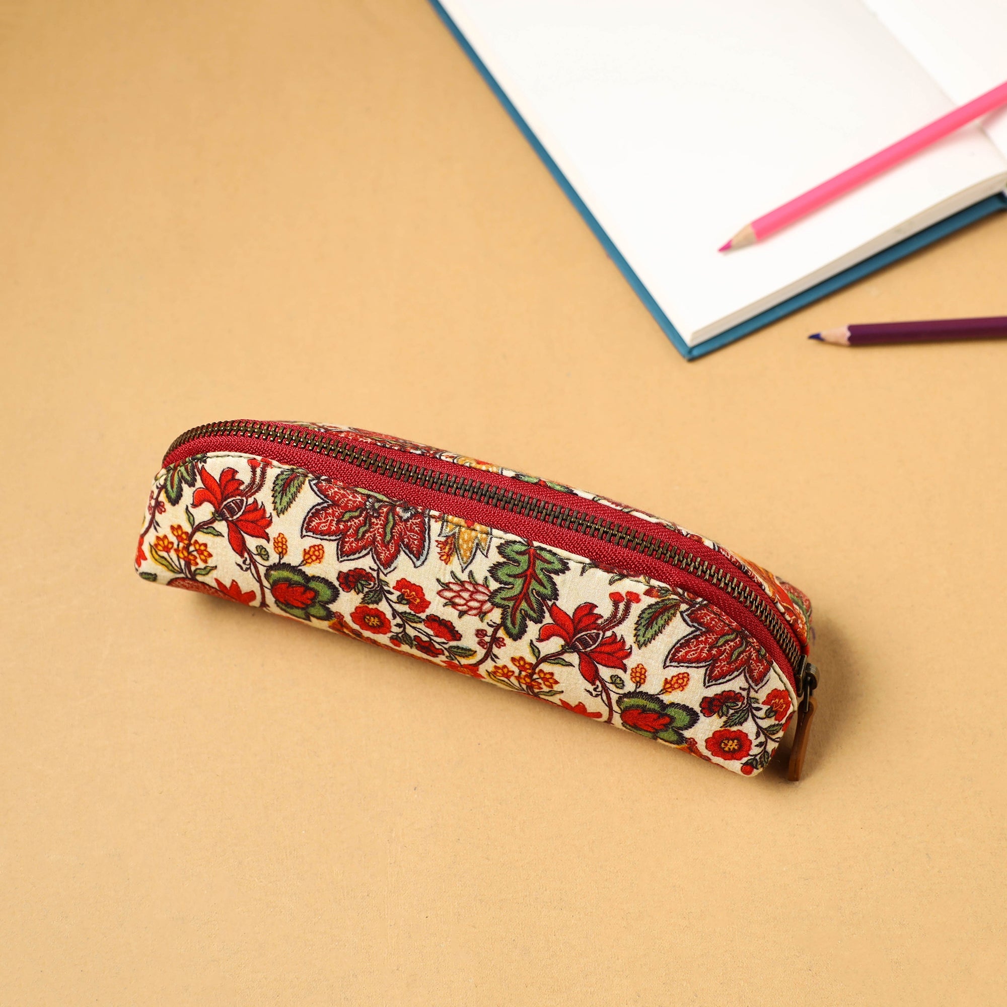 SUKRITI INPRINT Beige - Floral Print Handcrafted Pencil Pouch 43