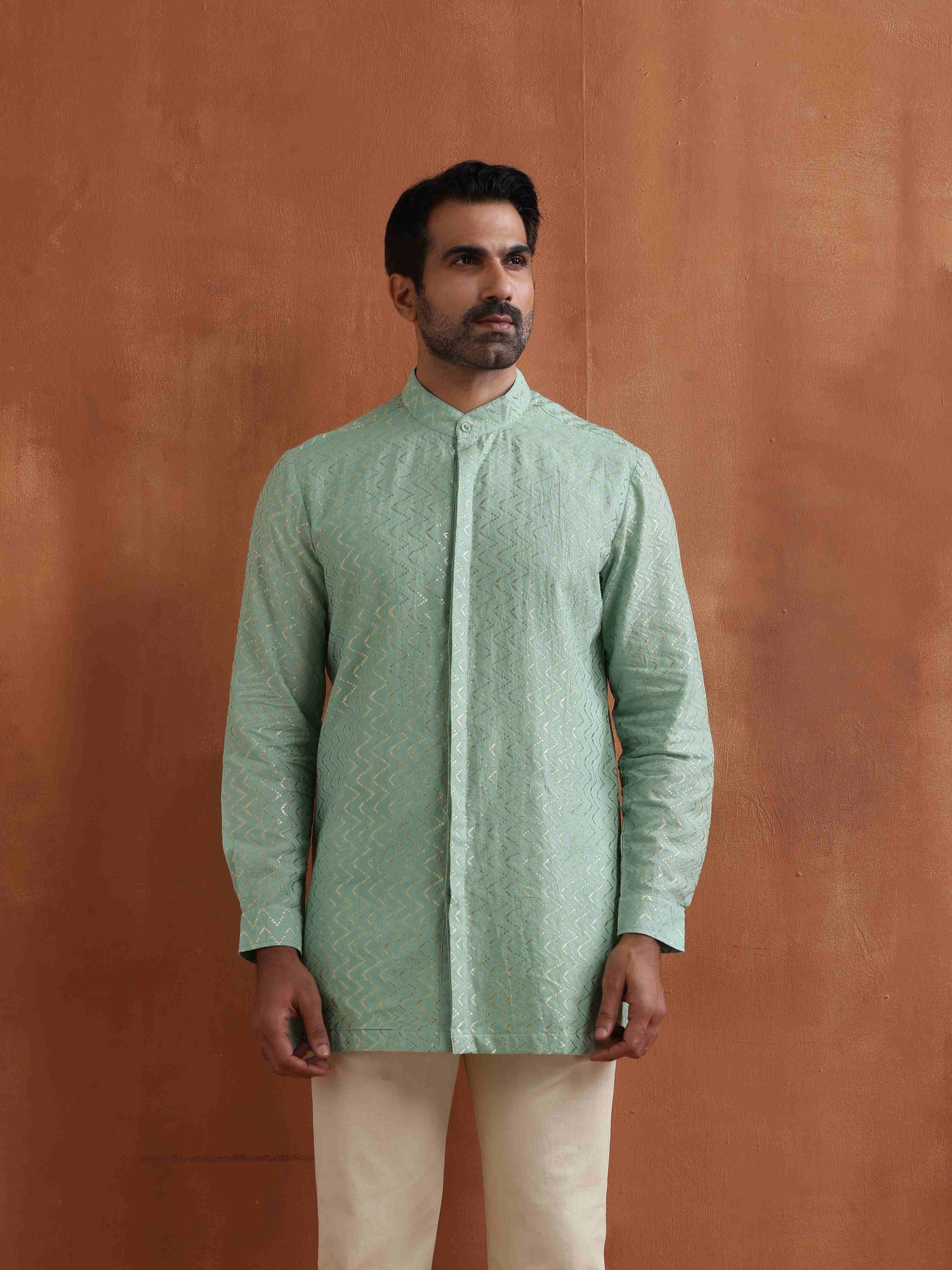 trueBrowns Men's Green Cotton Dobby Front Open Short Kurta - view 5