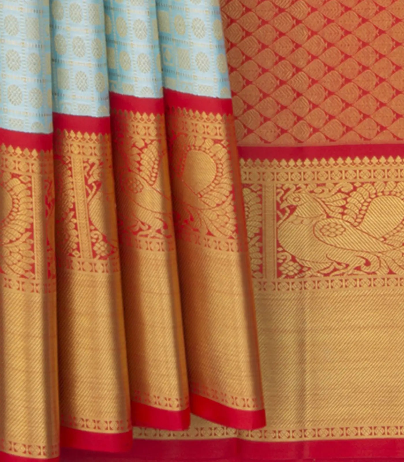 RmKV Light-Blue Handwoven Kanchipuram Tissue Saree With Contrast Pallu In Red-Light Blue