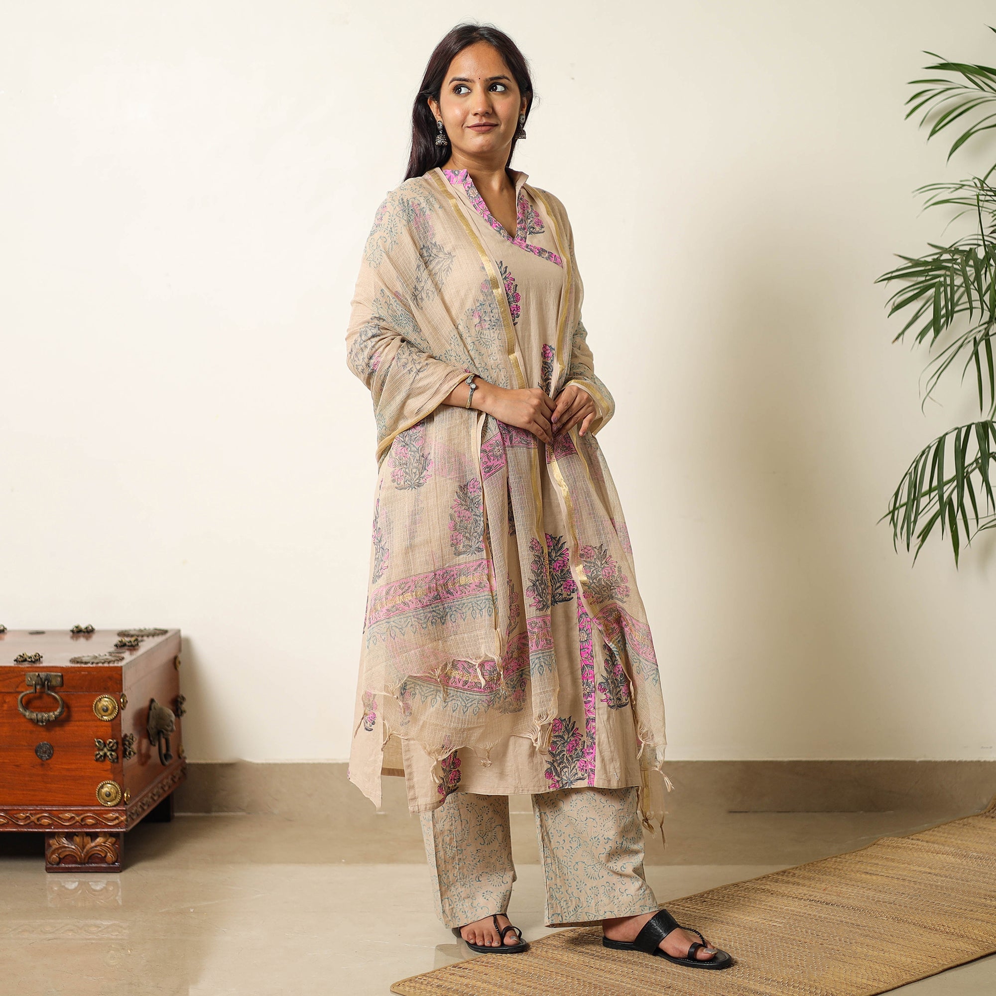 ITOKRI CASUALS Brown - Sanganeri Block Printed Cotton Kurta with Palazzo & Dupatta Set 01 - view 4