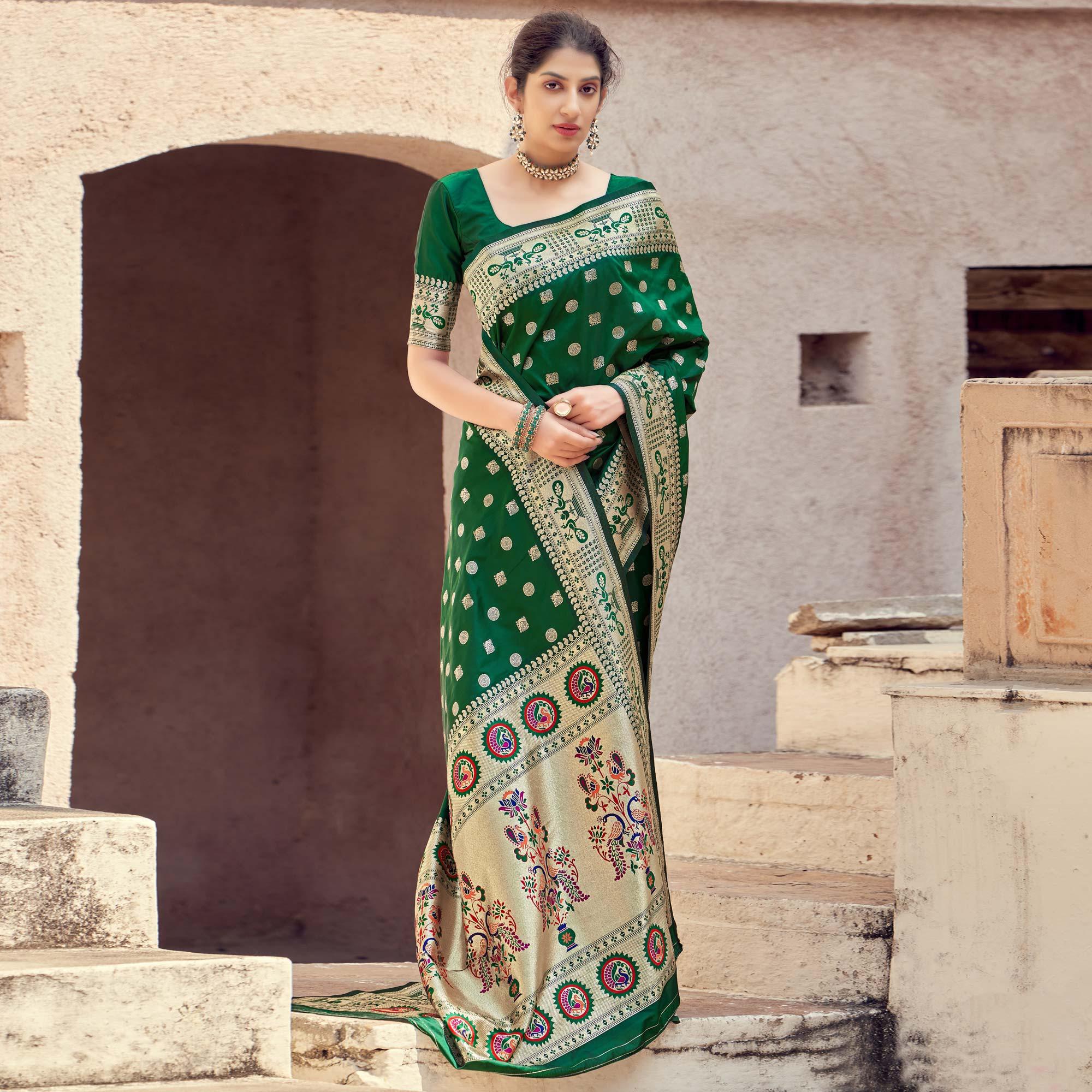 Green sarees – BlackTree green-festive-wear-woven-banarasi-silk-saree-129736