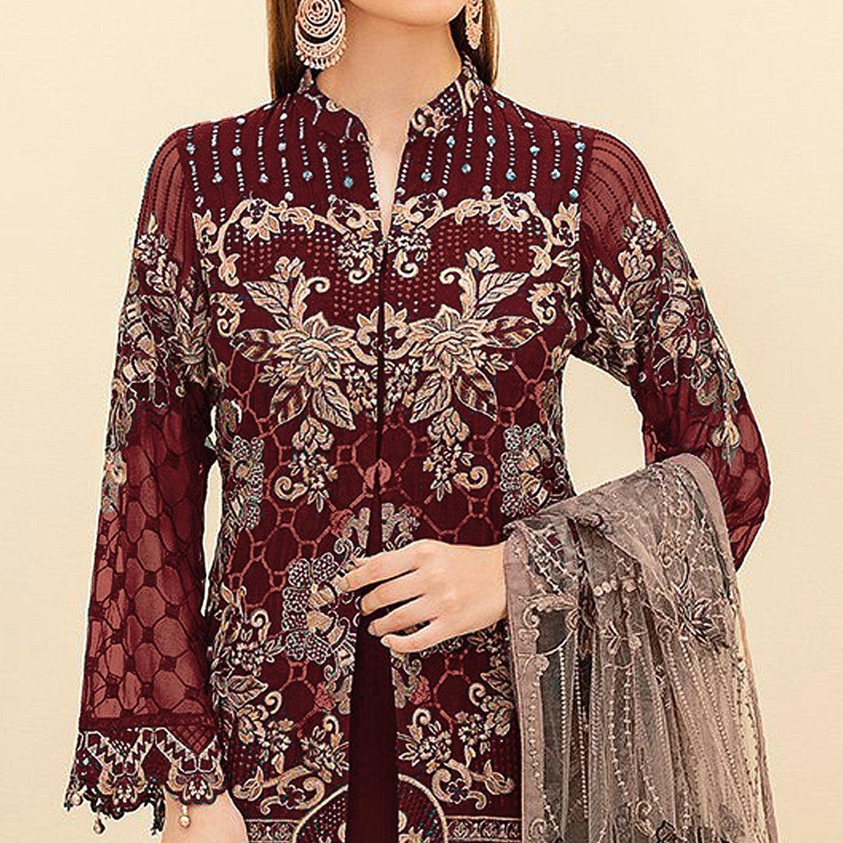 Peachmode Maroon Embroidered Georgette Pakistani Suit - view 3