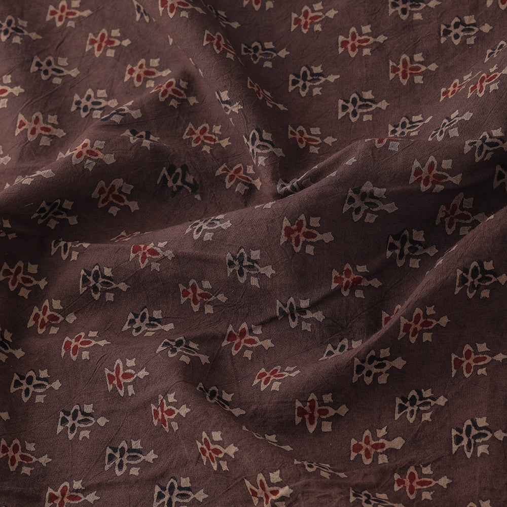 KACHCHH JI CHHAAP Brown - Geometrical Floral Buti Block Print Cotton Ajrakh Fabric - view 3