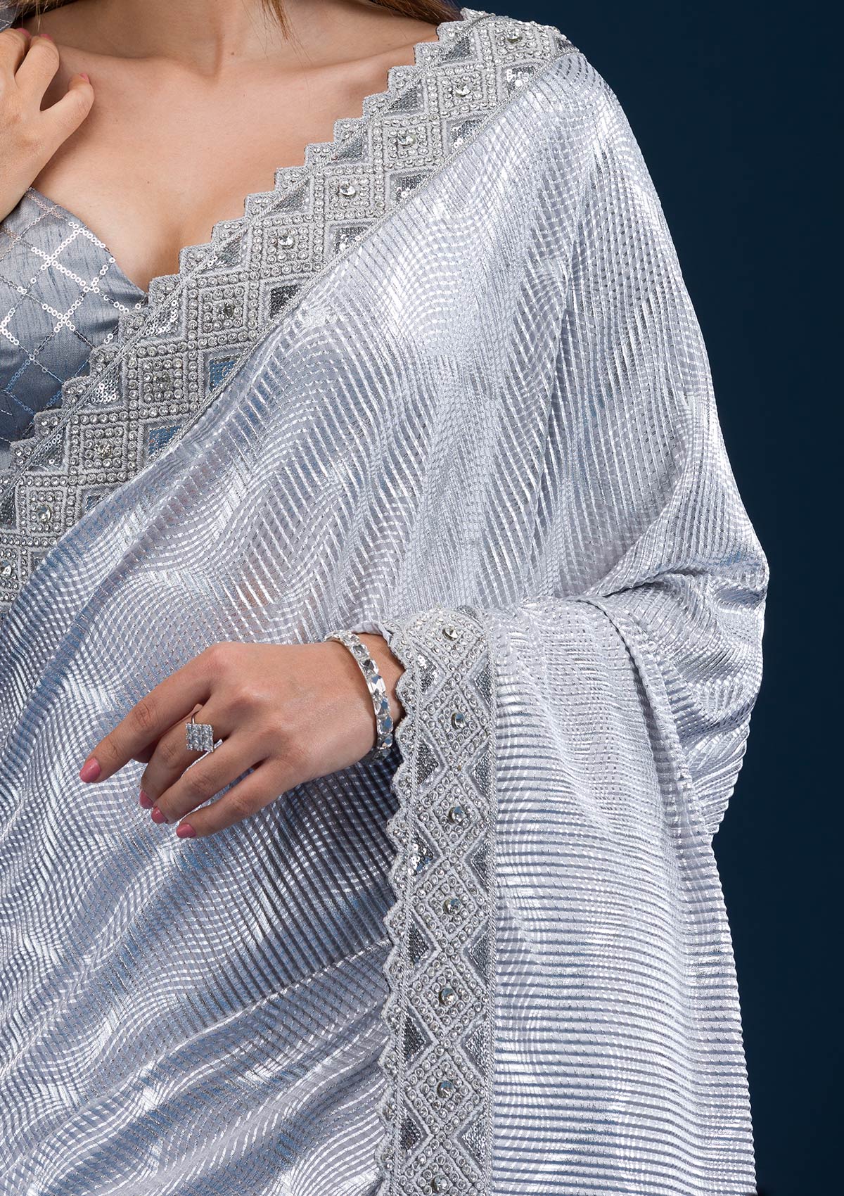 Koskii Grey Stonework Semi Crepe Saree – Women's - view 7