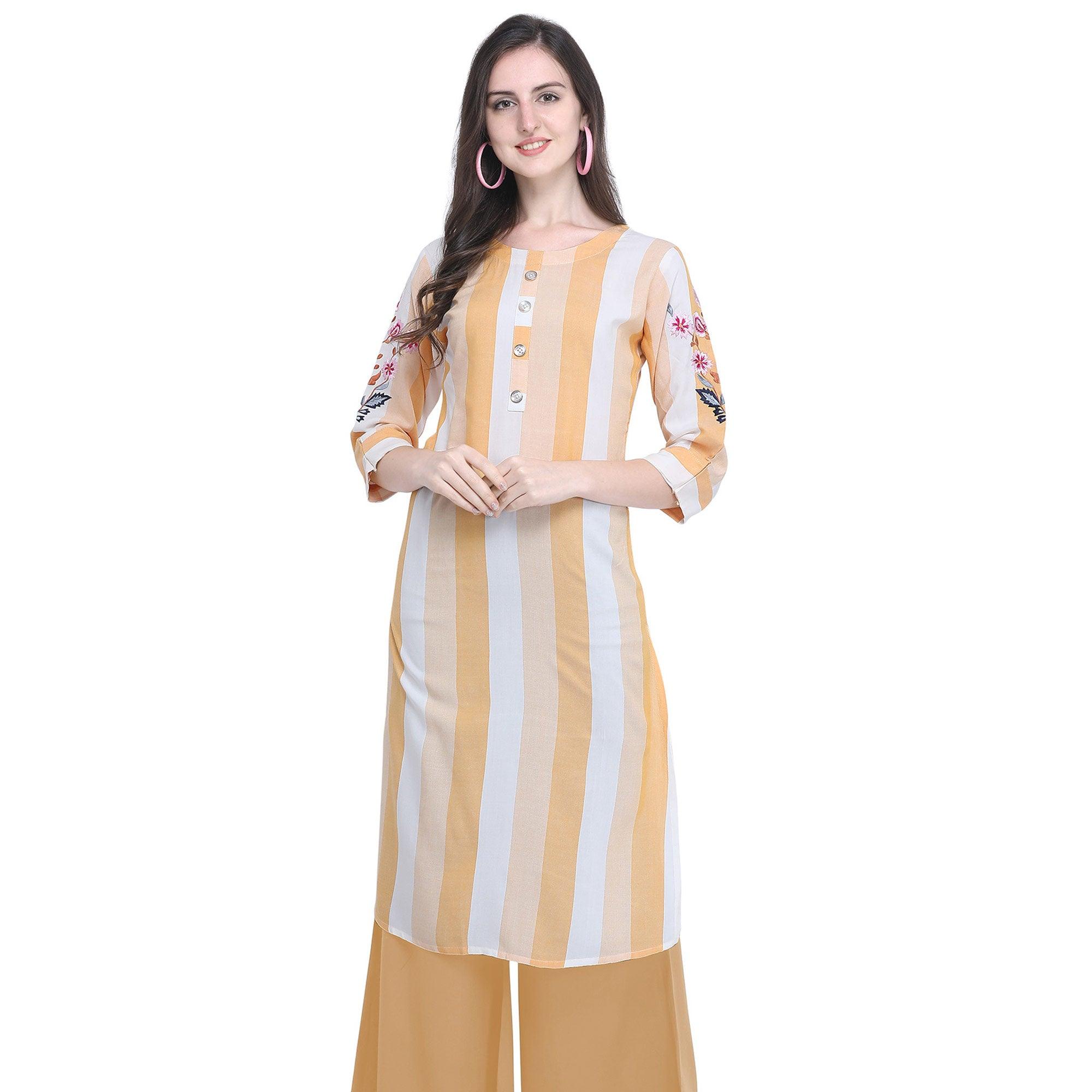 Peachmode Seller Imposing Light Yellow Colored Casual Embroidered Rayon Kurti