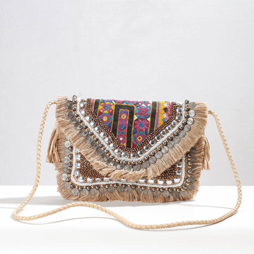 KACHCHH JI CHHAAP Beige - Banjara Vintage Embroidery Mirror, Bead & Coin Work Sling Bag - view 2