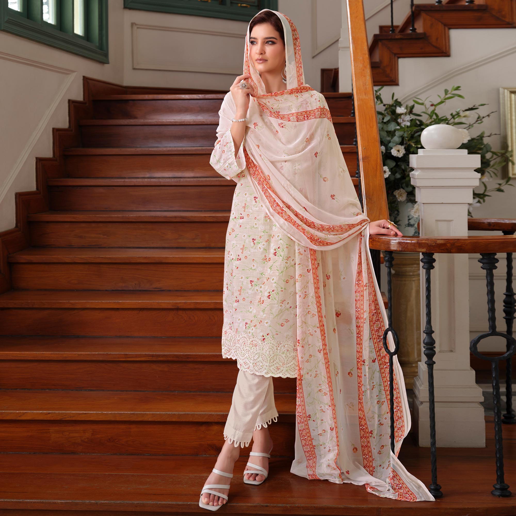Peachmode Light Peach Floral Digital Printed Pure Cotton Salwar Suit