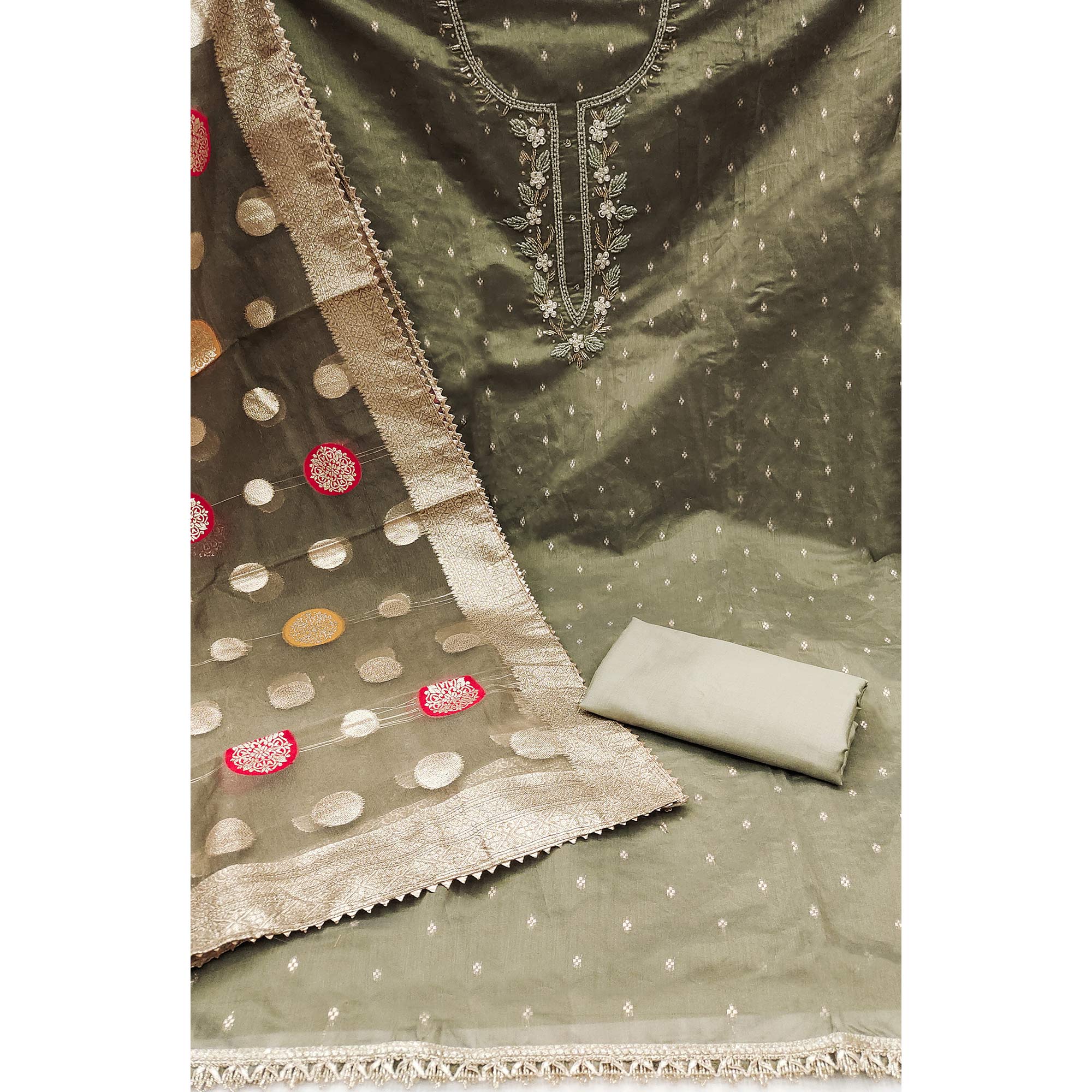 Peachmode Mehendi Green Hand Embroidered Chanderi Dress Material - view 3