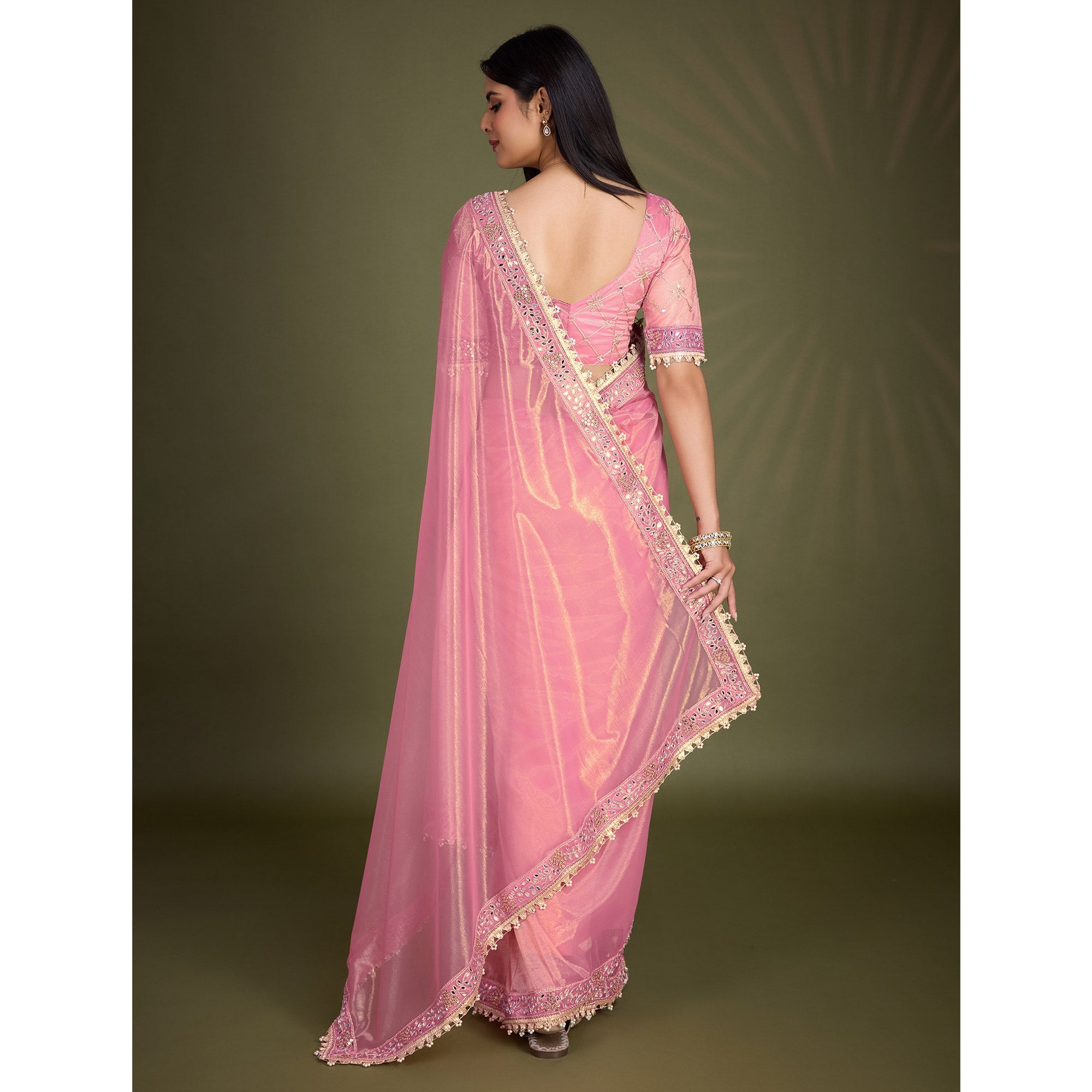 Peachmode Light Pink Sequins Embroidery With Mirror Handwork Twill Net Saree - view 6